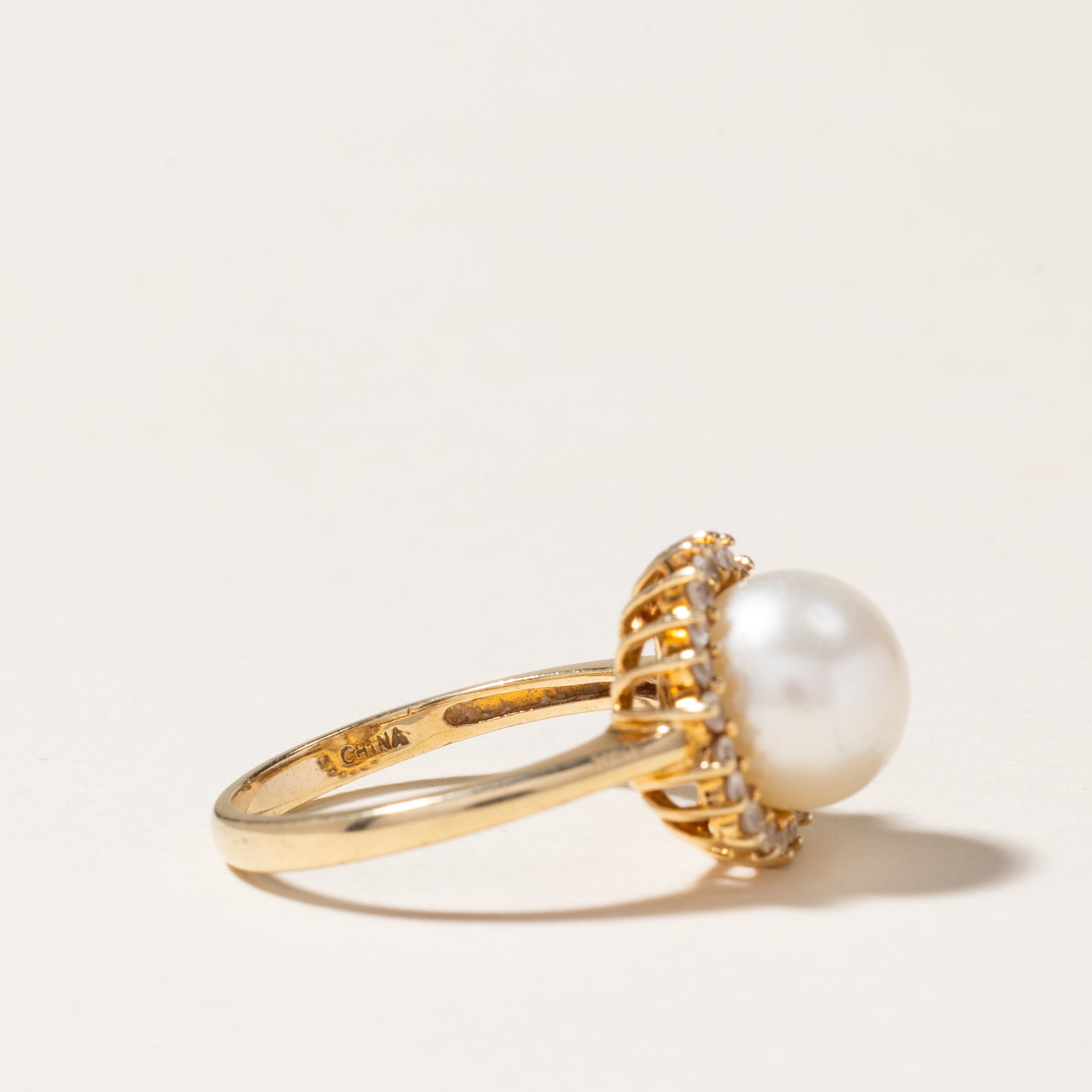 Pearl & White Topaz Petal Ring - 9.00mm, 0.20ctw, Size 6.75 - Elegant Floral Jewelry for Women, Perfect for Weddings, Anniversaries & Special Occasions