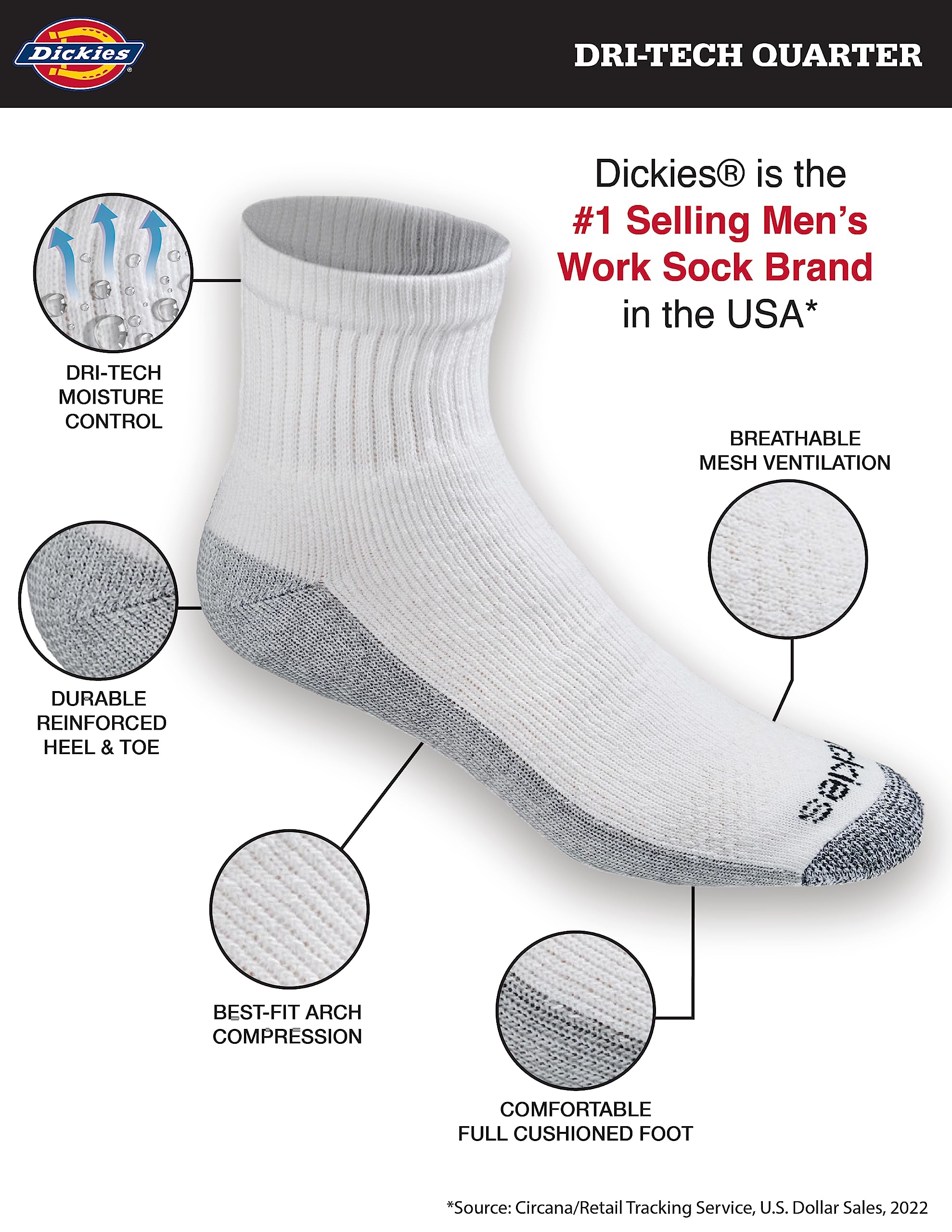 Dickies Men's Dri-Tech Moisture Control Quarter Socks 6-Pack - Breathable Athletic Socks for Running, Work & Everyday Comfort