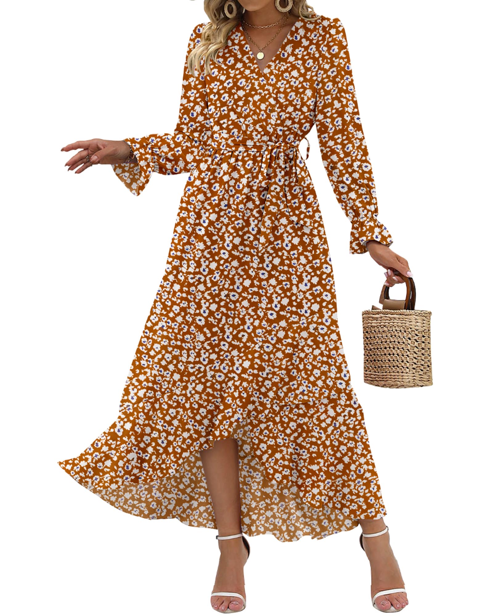 BTFBM Women's Long Sleeve Floral Dress - V Neck High Waist Ruffle Boho Maxi Dress for Spring Summer 2025 | Wedding Guest Dress, Garden Party, Date Night & Special Occasions