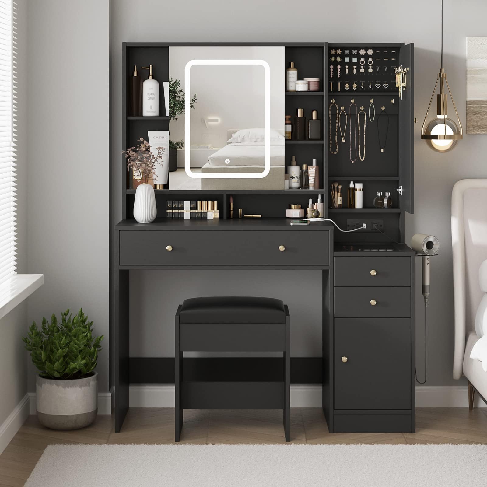 Vabches Vanity Desk with Mirror and LED Lights, 3 Drawers Makeup Vanity Table with Charging Station, Sliding Door & Storage Shelves - Perfect for Bedroom, Dressing Room & Beauty Salon Organization