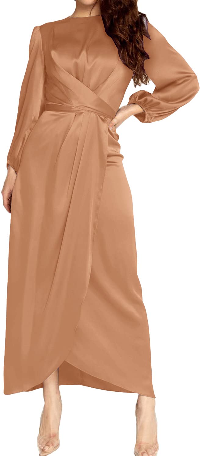 Elegant Empire Waist Long Sleeve Satin Maxi Dress for Women - Perfect for Weddings, Parties & Special Occasions