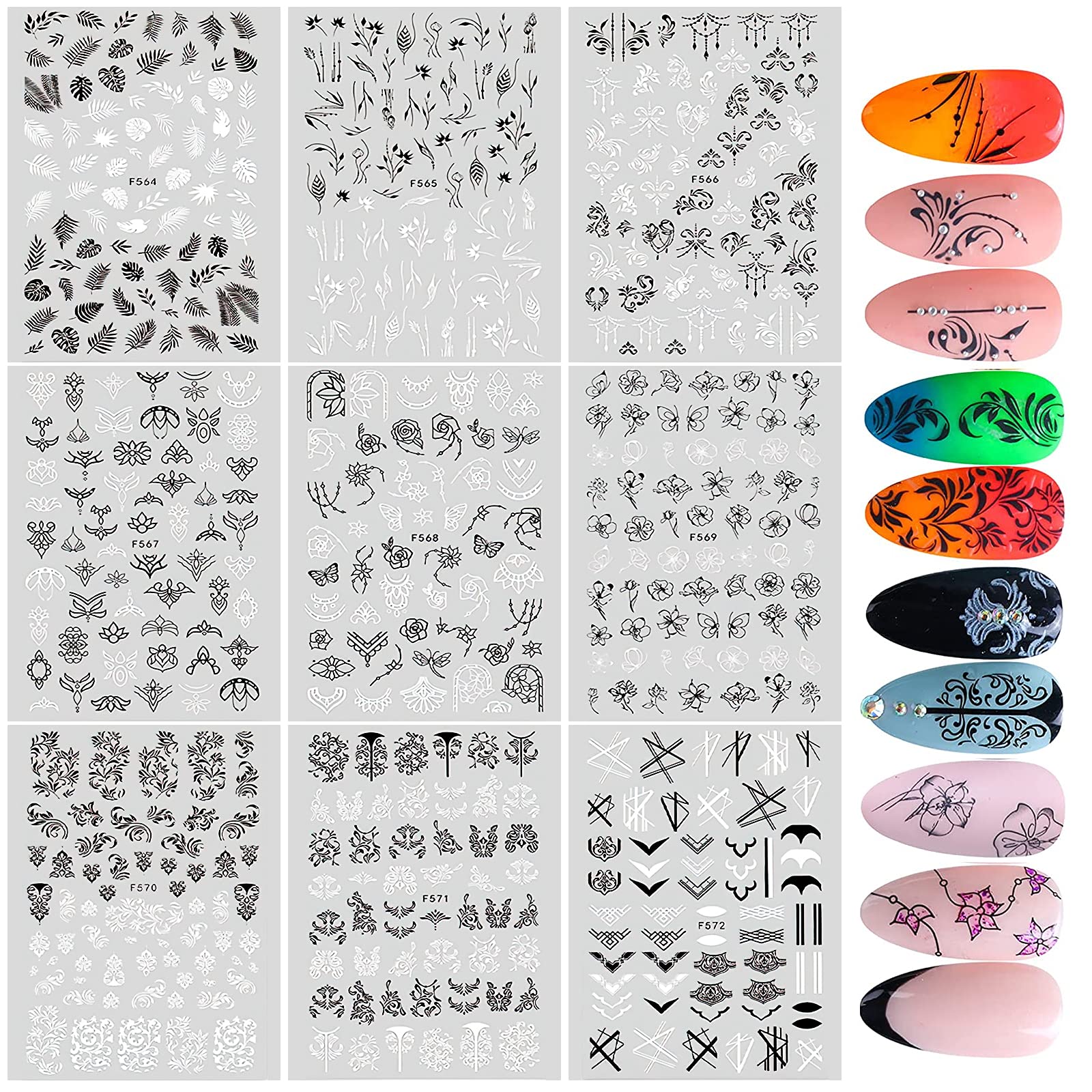 MWOOT 9 Sheets Black White Nail Stickers - 3D Self-Adhesive Nail Art Decals with Maple Leaf, Flower & Retro Pink Vine Designs for DIY Manicure, Nail Salon & Home Nail Decoration