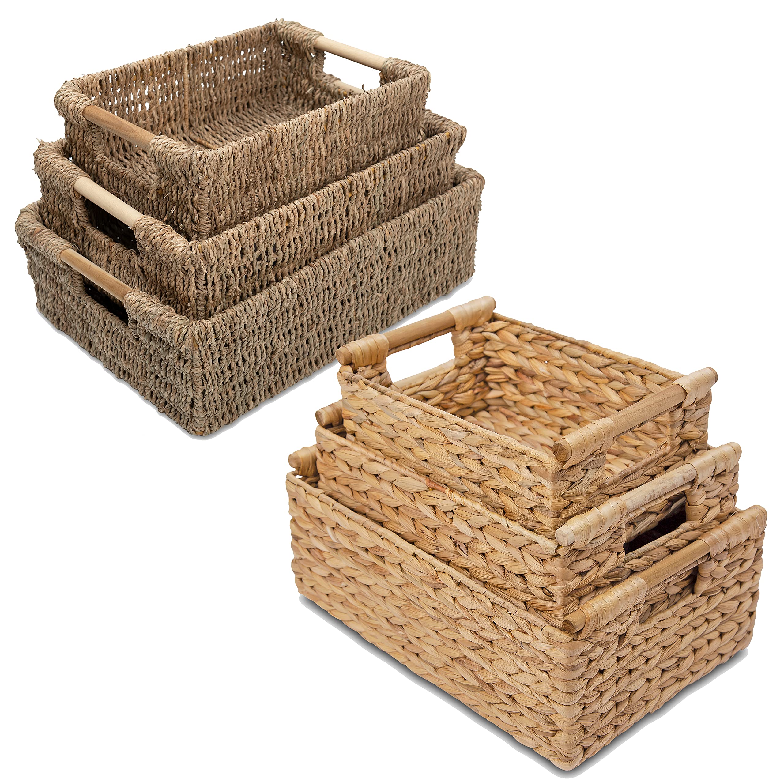Natural Wicker Storage Baskets with Wooden Handles - Water Hyacinth & Seagrass Rectangular Organizing Bins for Shelves, Closet, and Home Decor | Perfect for Bedroom, Bathroom, and Living Room Storage Solutions