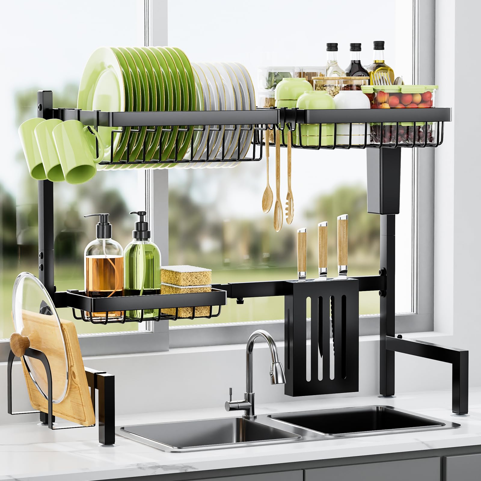 Kitsure Adjustable Over The Sink Dish Drying Rack - 30 to 33.9 Inches, 2-Tier Kitchen Sink Organizer with Large Capacity & Multifunctional Baskets, Perfect for Small Spaces & Dish Drying - Black