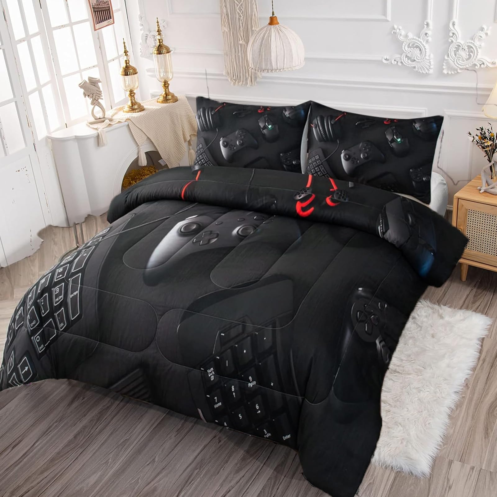 YHXSLY 3D Gaming Comforter Set Twin Size - Microfiber Video Game Bedding for Boys & Kids - Black Gaming Themed Quilt All Season - Perfect for Game Lovers' Bedroom Decor & Teen Gamer Room Setup