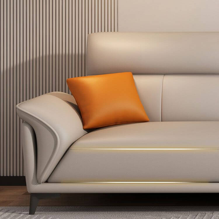 Modern Dove Grey Scratch-Resistant Solid Color Cow Leather Upholstered 4-Seater Sofa with 2 Pillows - Perfect for Living Room, Lounge, and Office Spaces
