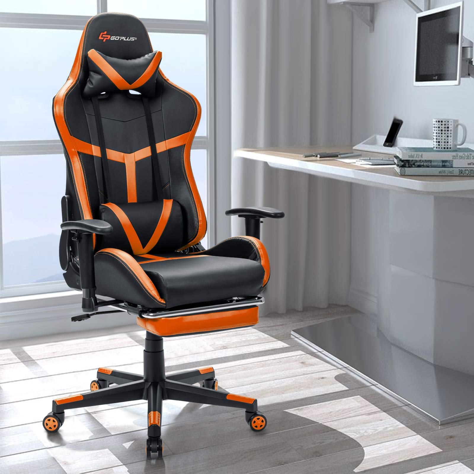 Goplus Ergonomic Gaming Chair - High Back PU Leather Adjustable Office Chair with Massage & Footrest, Reclining PC Racing Game Chair for Home & Office (Orange) - Perfect for Gamers, Streamers & Remote Workers