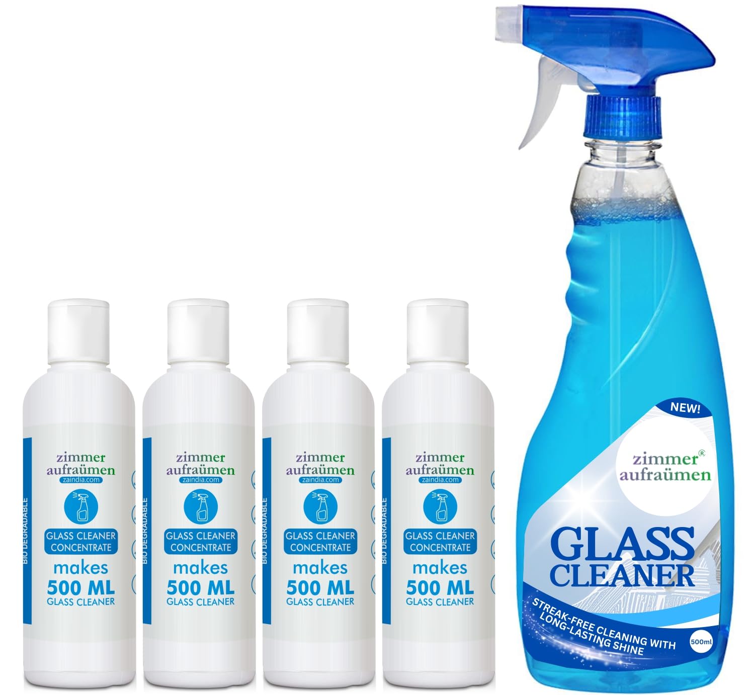 Zimmer Aufraumen Glass Cleaner 500ml + 4X50ml Concentrates - Make 2L Eco-Friendly Glass Cleaner | Streak-Free for Windows, Mirrors & Glass Surfaces | Home & Office Use