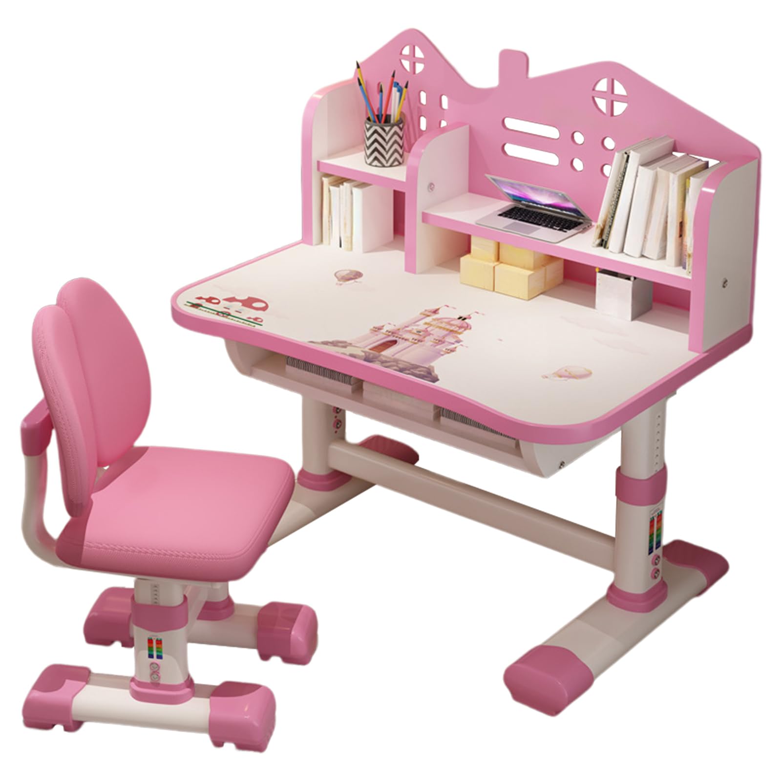 Adjustable Height Kids Study Desk and Chair Set - Small Standing Desk with Widened Desktop, Multi-Separation Cartoon Pattern & Storage Drawers (Pink) | Perfect for Children's Bedroom, Homeschooling & Small Space Learning Areas