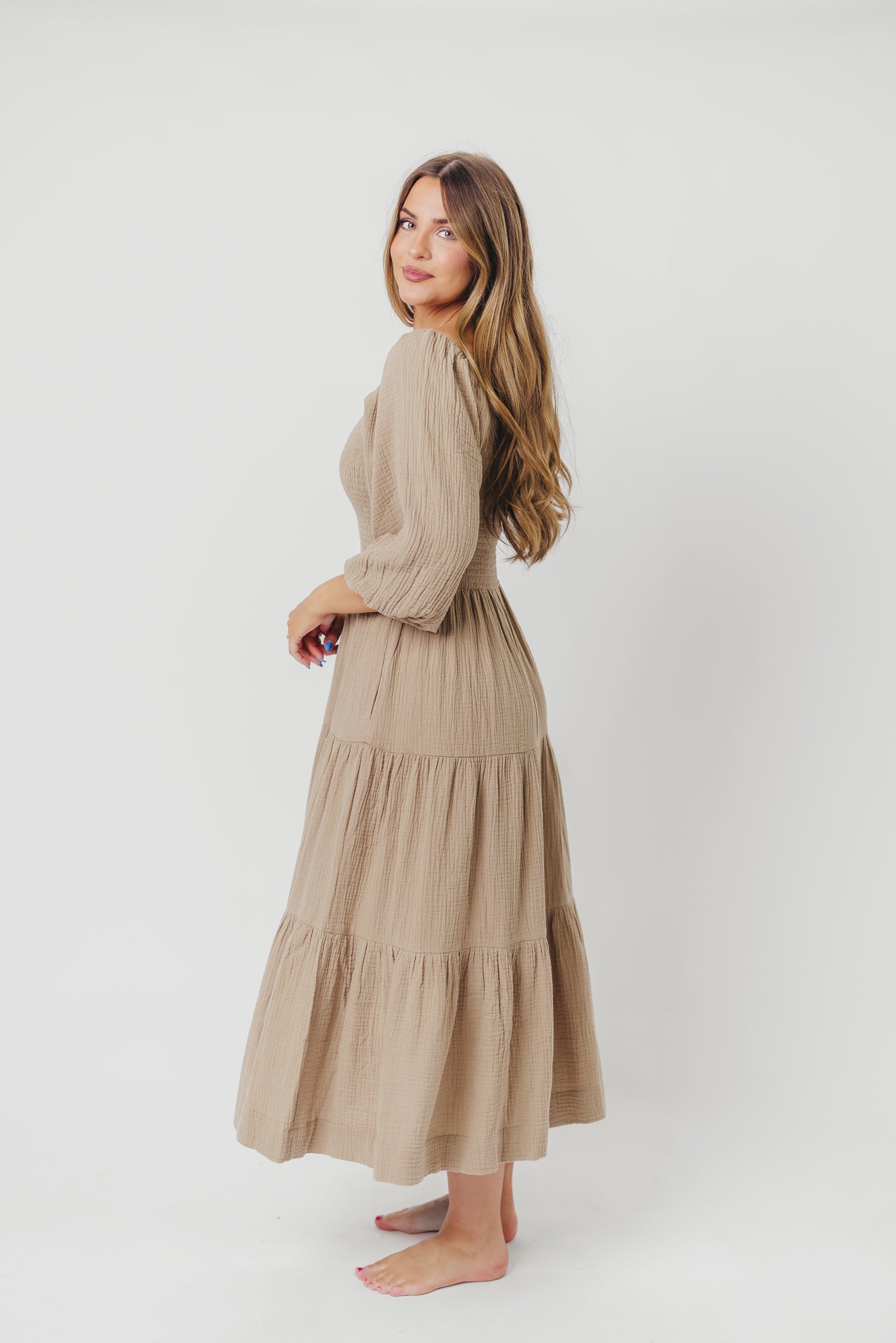 Taylor Cotton Smocked Midi Dress with Tiered Skirt in Pumice - Inclusive Sizing (XS-3X) | Flowy Summer Dress for Women | Perfect for Beach Vacations, Brunch Dates & Garden Parties