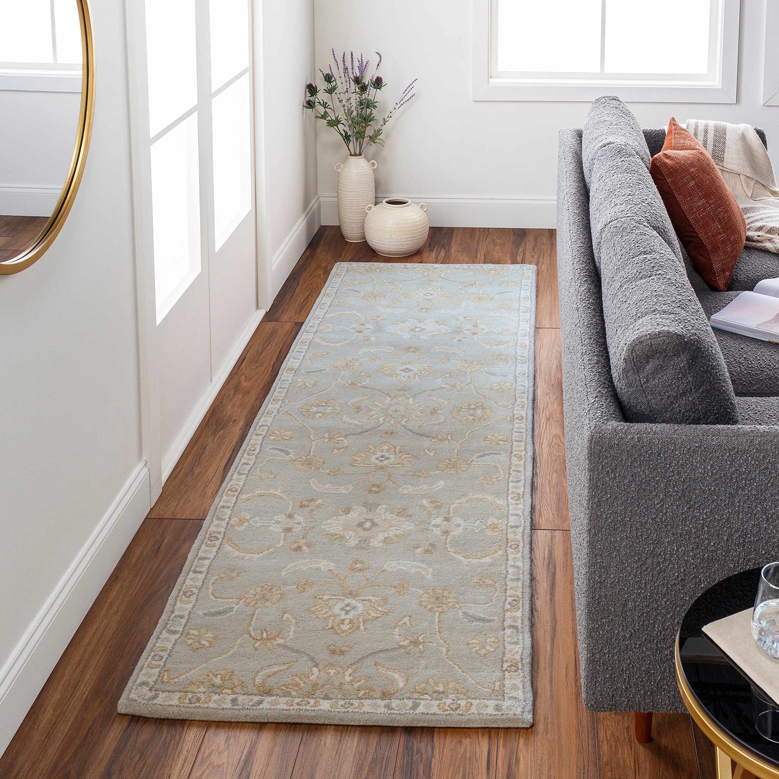 Hauteloom Copen Wool Round Area Rug 6' - Traditional Beige Green Gray Handmade Rug for Living Room Bedroom - Soft Cozy Home Decor for Family Gatherings & Relaxation
