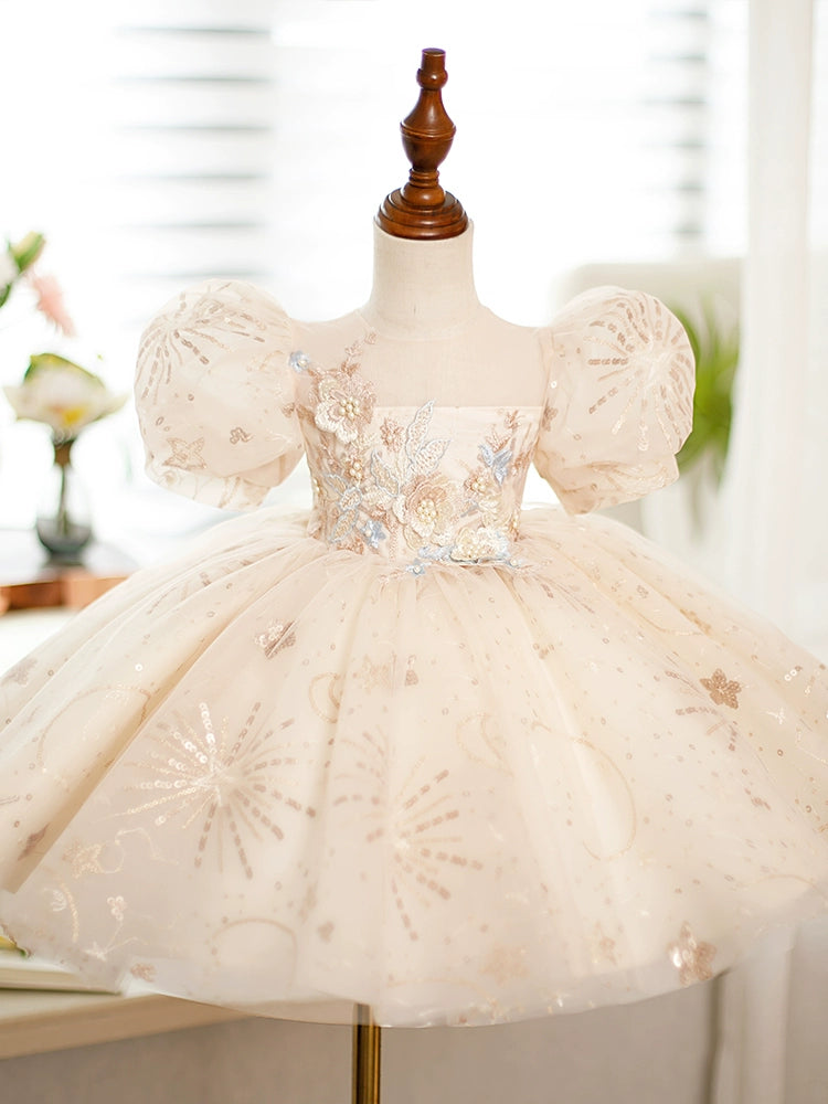 Champagne Princess Round Tea Length Sequined Flower Girl Dress for Weddings, Pageants & Special Occasions
