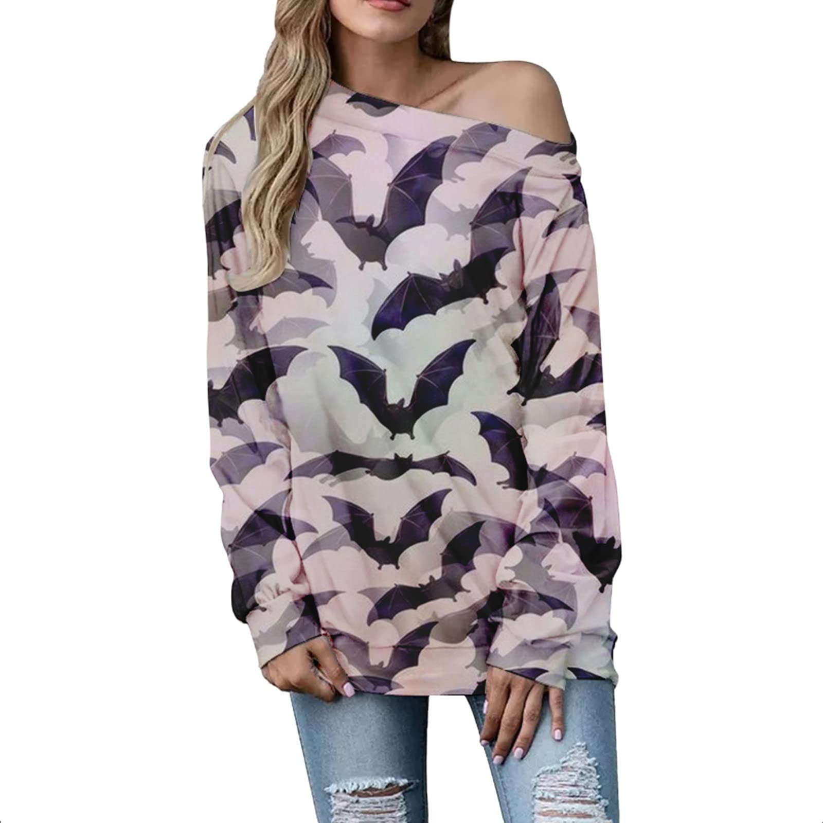 Women's Off Shoulder Casual Blouse - Long Sleeve Tunic Top with Funny Halloween Print | Perfect for Party, Cosplay & Everyday Wear