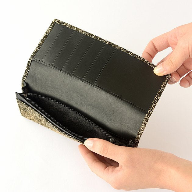 Premium Japanese Deerskin Leather Long Wallet with Urushi Lacquer - Crane & Turtle Design in Gray Black - Handmade in Japan - Perfect for Gifts & Luxury Everyday Use