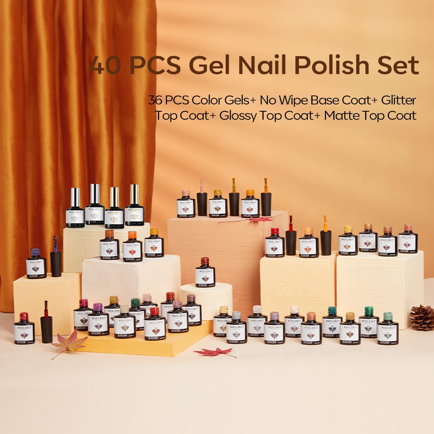 Modelones 40 PCS Gel Nail Polish Set - 36 Colors Nude, Brown, Red, Fall, Orange, Yellow, Green, Purple & Glitter Shades - Professional Nail Art Kit with Base, Matte, Glossy & Glitter Top Coats - Perfect for Home Manicures, Salon Use & DIY Nail Designs