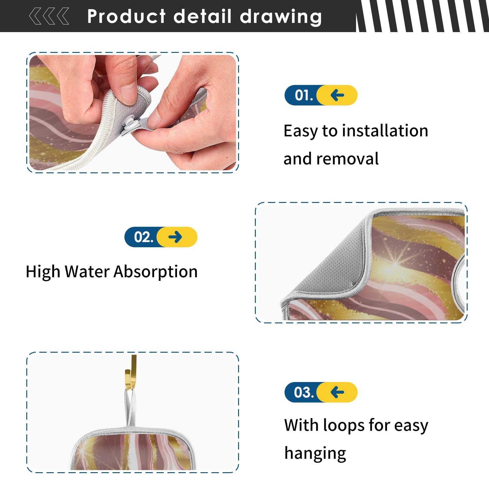 2-Pack Gold Pink Marble Sink Splash Guard - Absorbent Faucet Drip Catcher with Glitter Design - Quick-Drying Kitchen & Bathroom Counter Mat for RV, Home, and Office Use