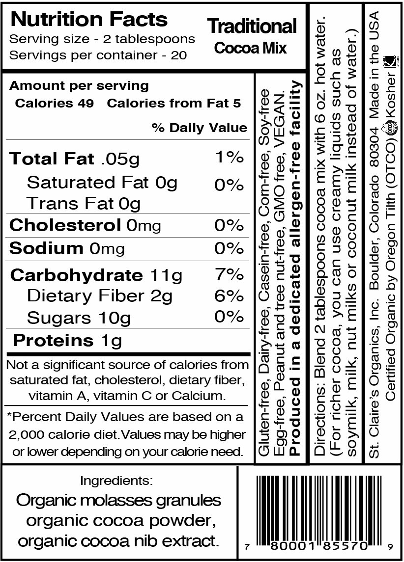 Organic Gourmet Hot Cocoa Mix by St. Claire's - Traditional Flavor, 12oz Bag (20 Servings) | Allergen-Free, Vegan, Non-GMO, Gluten-Free | Made in Dedicated Allergen-Free Facility | Perfect for Cozy Winter Nights, Holiday Gifts & Vegan Treats