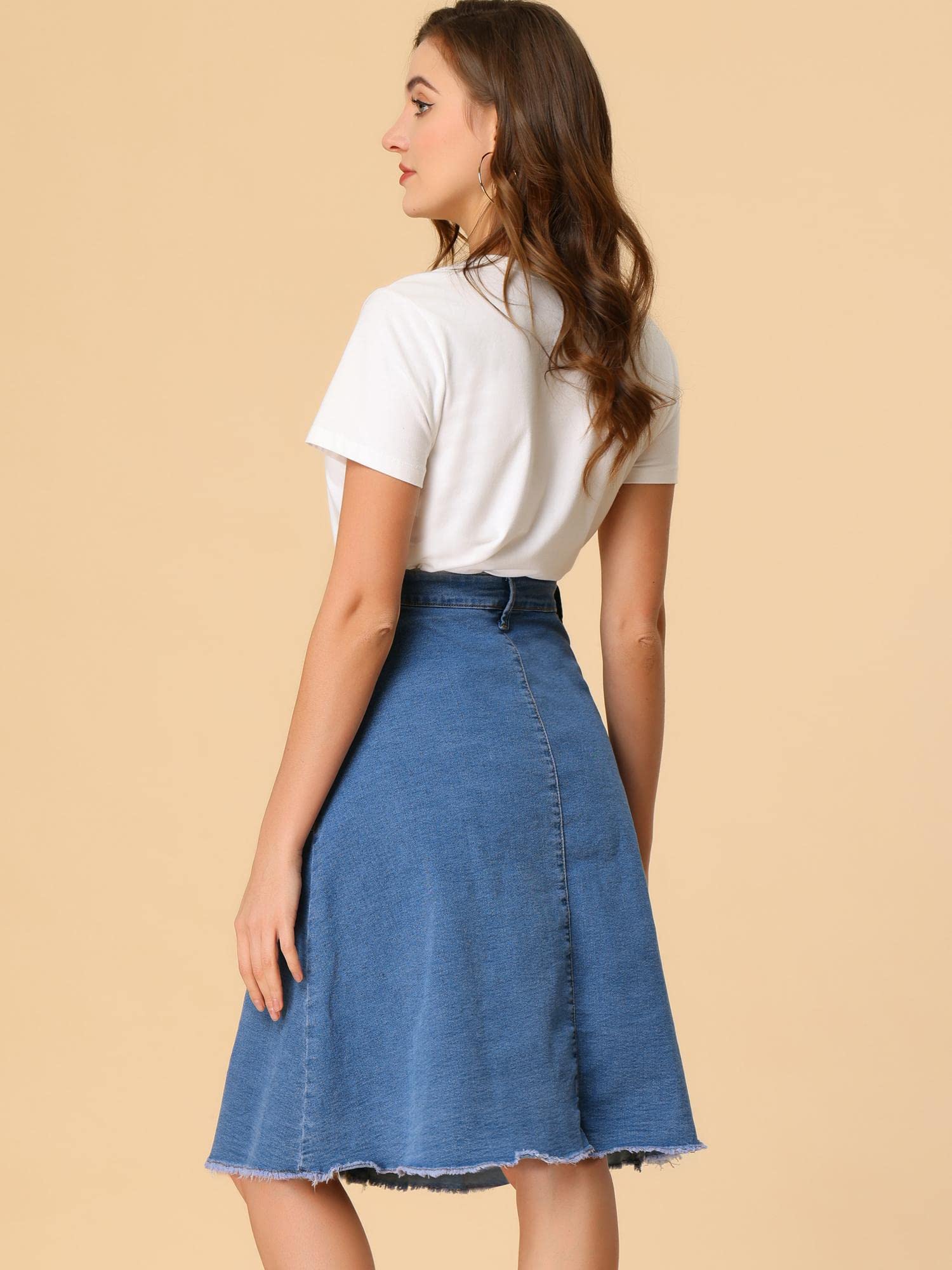 Allegra K Women's Raw Hem Button Down Denim Midi Skirt - Stretch Jeans Skirt for Casual Outfits, Work & Weekend Wear