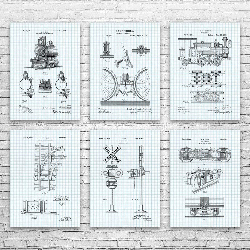 Vintage Train Railroad Posters Set of 6 - 13x19 Inch Blueprint Wall Art Decor | Perfect for Train Enthusiasts, Mechanics Gifts & Home/Office Decoration | Ideal for Living Rooms, Bedrooms, Train Stations & Man Caves