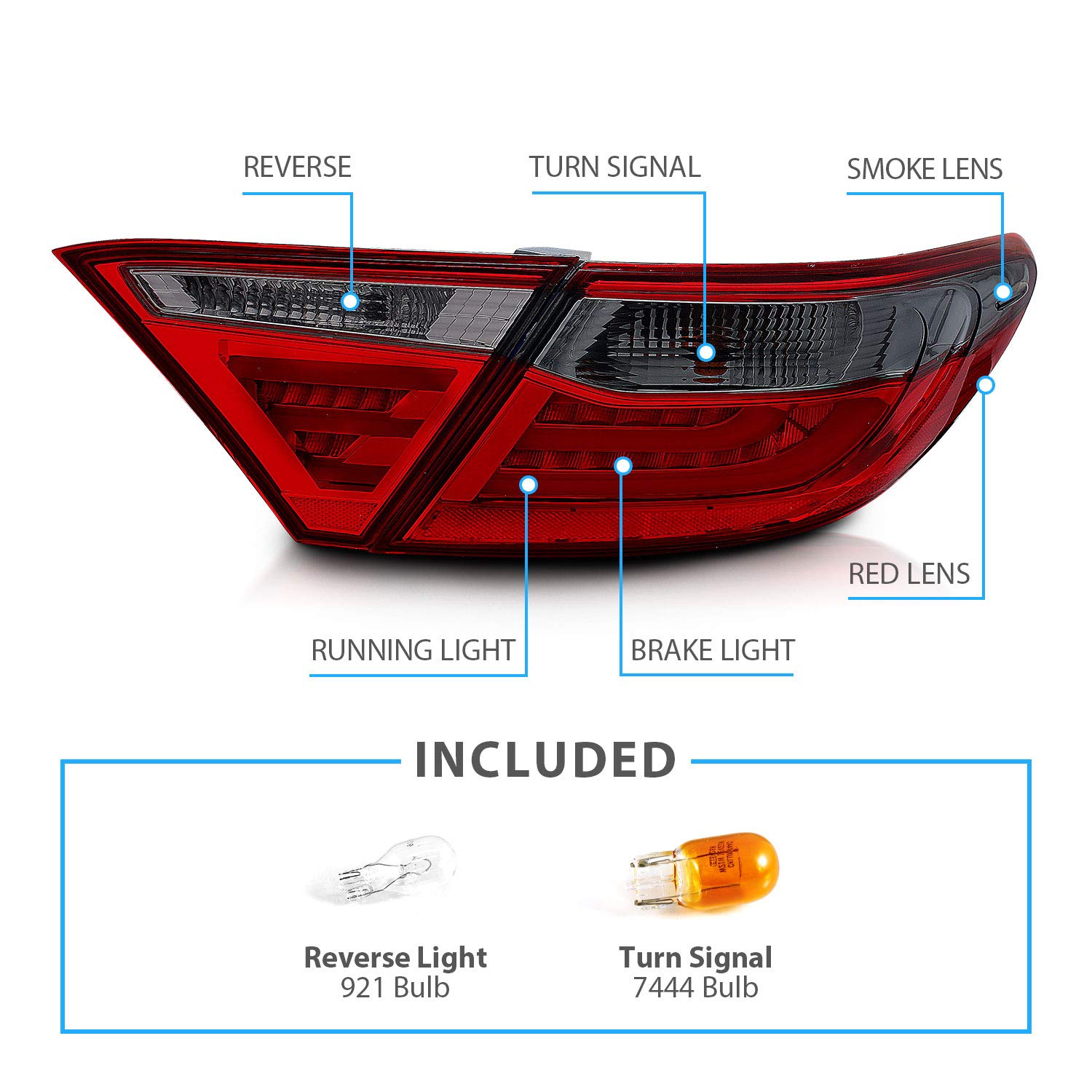 AmeriLite Red Smoke LED Parking Light Bar & Brake Tail Lights Pair - Compatible with 2015-2016 Toyota Camry 4-Door Sedan | Enhanced Visibility & Style for Night Driving & Custom Car Mods