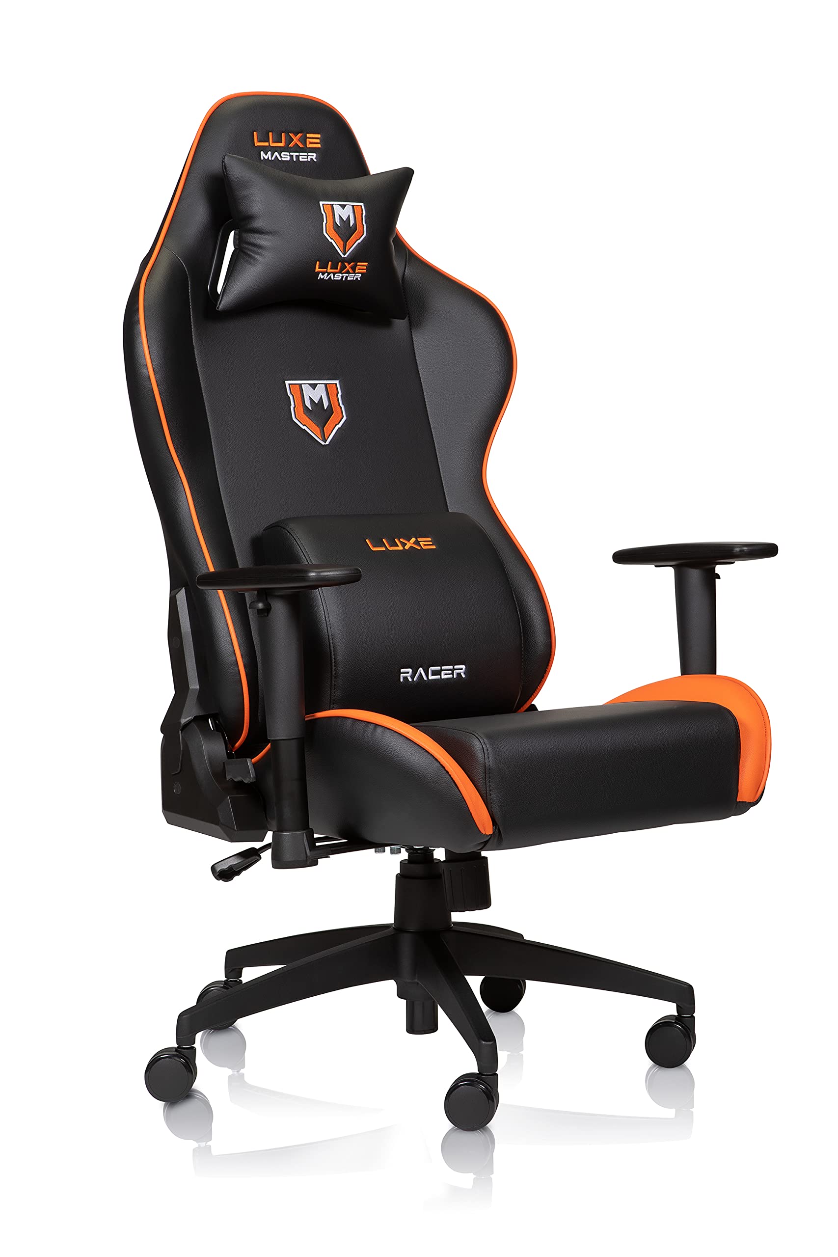 Premium Luxe Racer Gaming Chair & Ergonomic Office Desk Chair - Black PU Leather with Orange Accents & Stitching - Perfect for Gaming, Streaming & Home Office Workspace