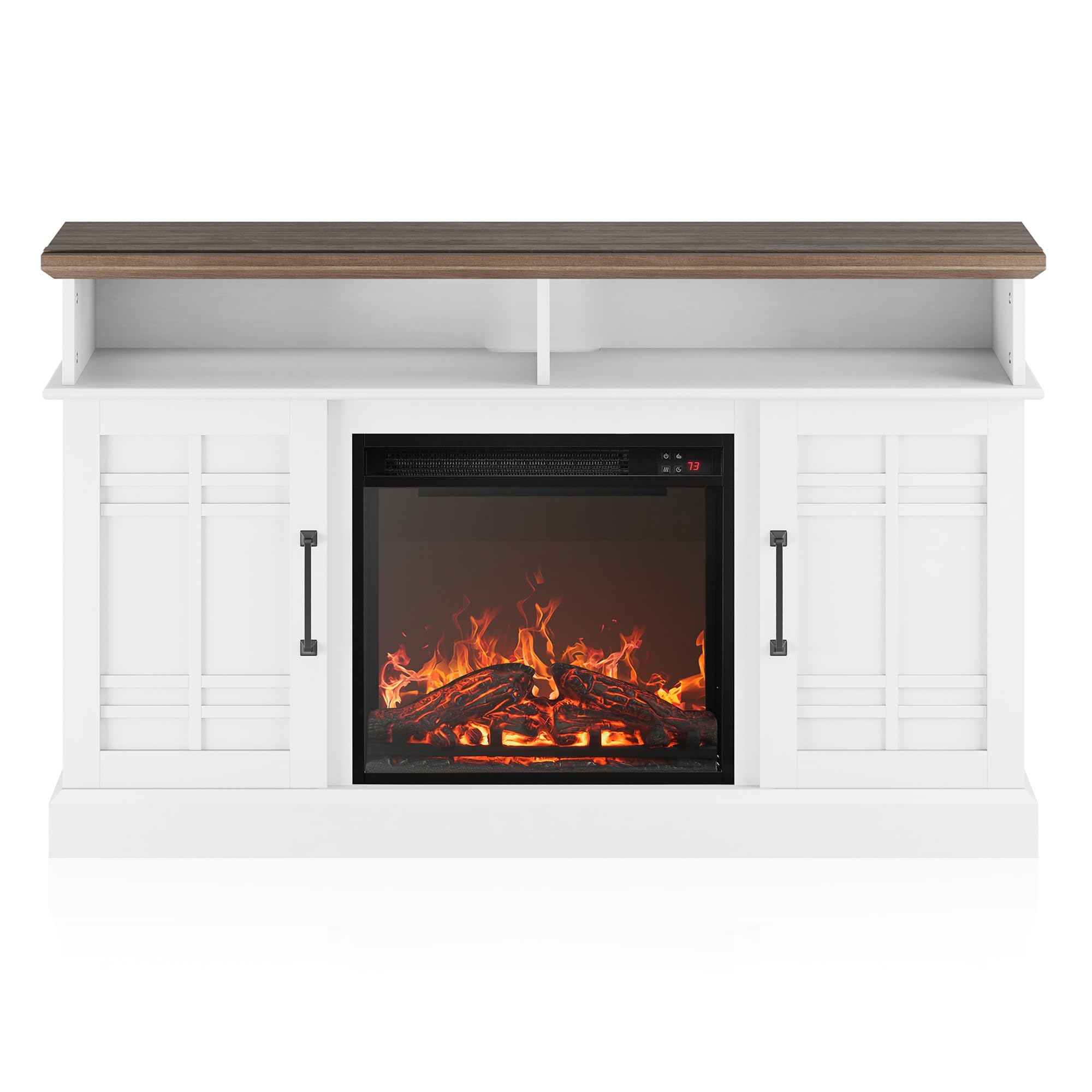 BELLEZE 48 Inch TV Stand with 18 Inch Electric Fireplace Heater - Modern Entertainment Center for 50 Inch TVs - Open Shelves & Storage Cabinets - Perfect for Living Room, Bedroom & Home Theater (White)