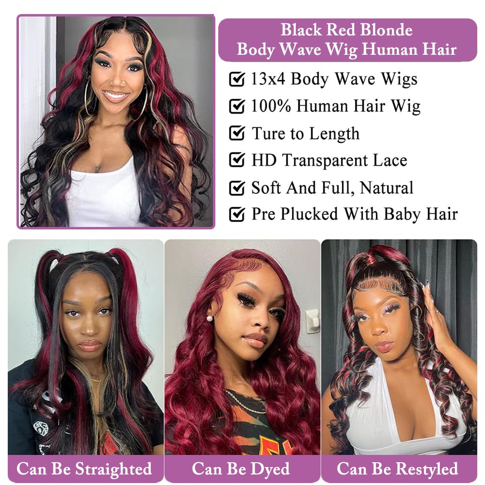 Black Red Blonde Highlight Human Hair Wig - Skunk Stripe Body Wave Lace Front Balayage Wig | Pre-Plucked 180% Density | 13x4 Transparent Lace Frontal | 26 Inch Colored Wig for Cosplay, Halloween & Fashion Styling