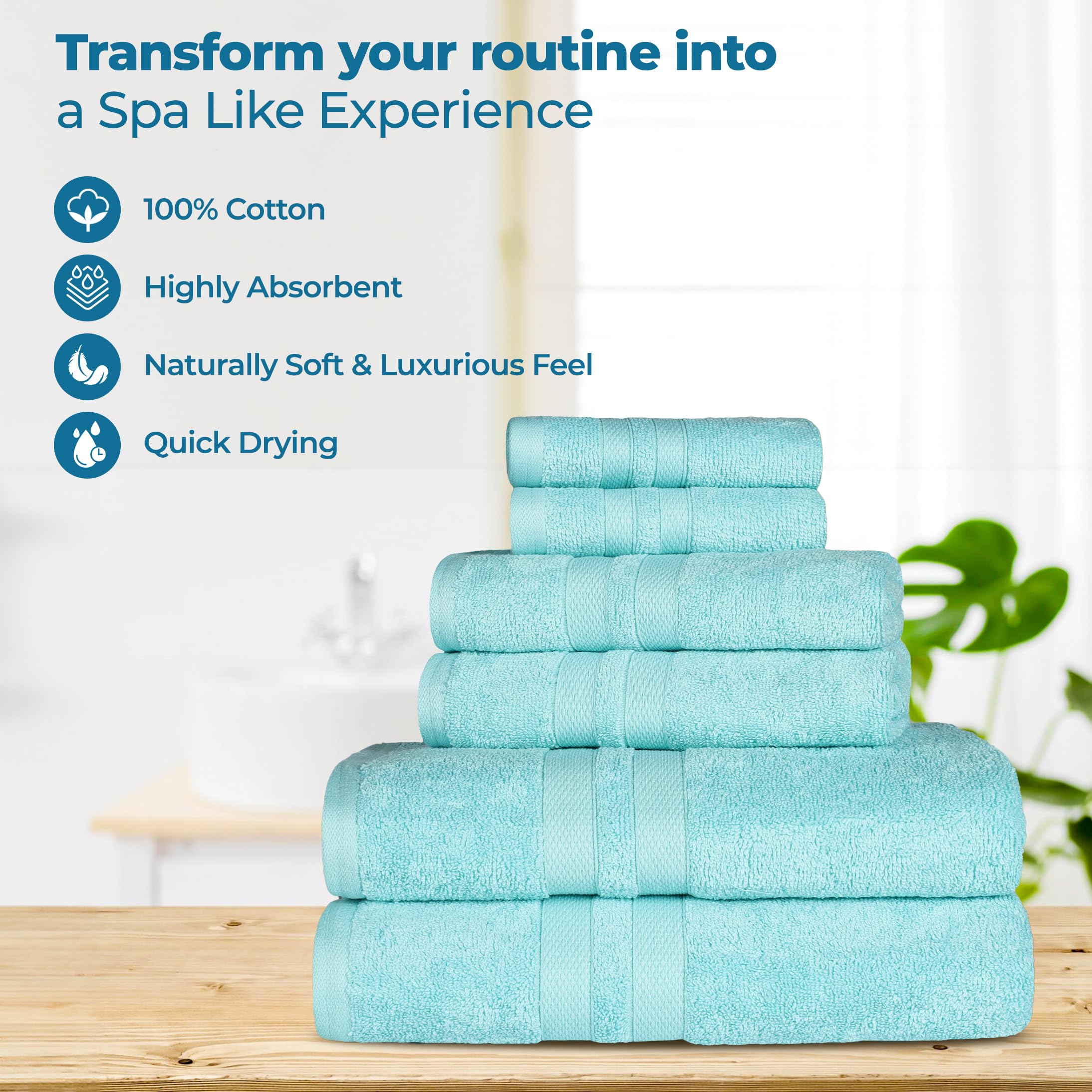 BNM Ultra-Soft Cotton Bath Towel Set - 4 Pack Quick-Dry Absorbent Towels for Bathroom, Shower & Spa | Plush Solid Design Home Essentials in Cyan | Perfect for Daily Use, Guest Bathrooms & Luxury Spa Experience