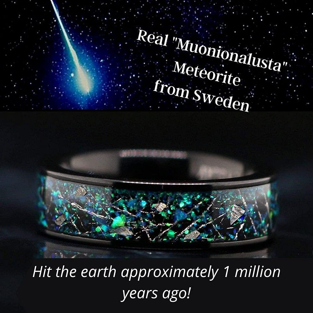 Real Meteorite Inlaid Unisex Black Opal Ring - Natural Fire & Blue Opal Wedding Band for Men & Women - Durable Sterling Silver Jewelry for Engagement, Anniversary & Everyday Wear