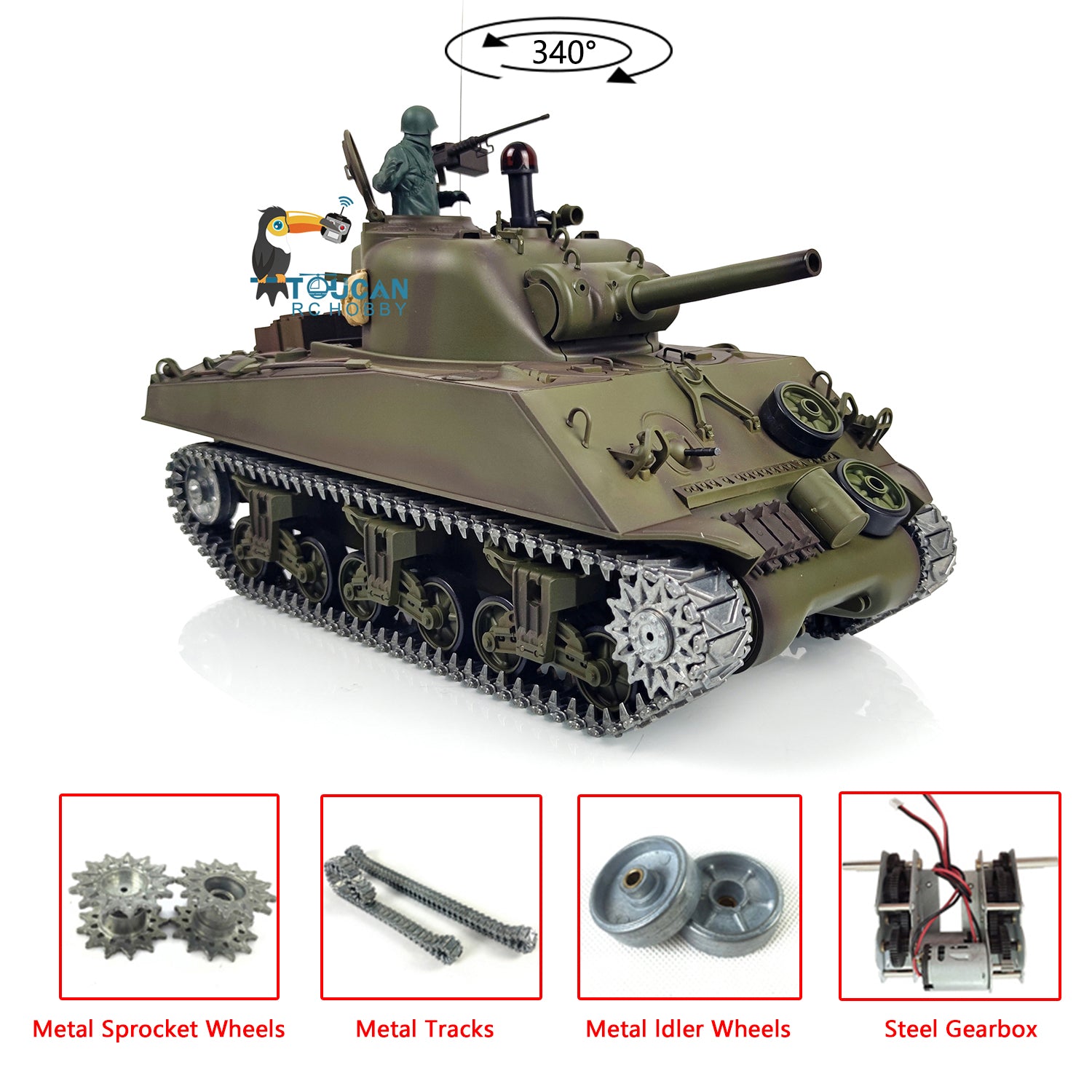 2.4G 1/16 Scale Henglong M4A3 Sherman RTR RC Tank with Metal Tracks, Engine Sound & BB Shooting - Upgraded 7.0 Version for Military Enthusiasts and Collectors | Perfect for Outdoor Battles, Display Collections and RC Hobby Fun