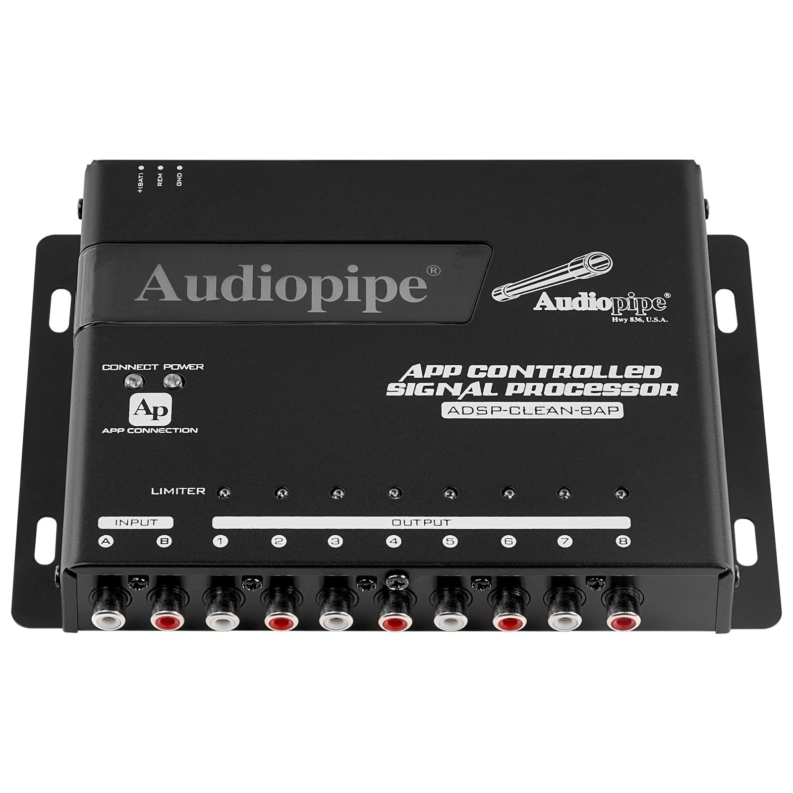 Audiopipe APP Car Controlled Signal Processor (ADSP-CLEAN-8AP) - 12 Band Graphic Equalizer, 32-Bit Digital Audio Processor with Tone Generator - 1 Input to 8 Output for Car Audio System - Adjustable Cutoff & Attenuation Frequencies - Perfect for Car Audio Upgrades, DJ Setups & Professional Sound Systems