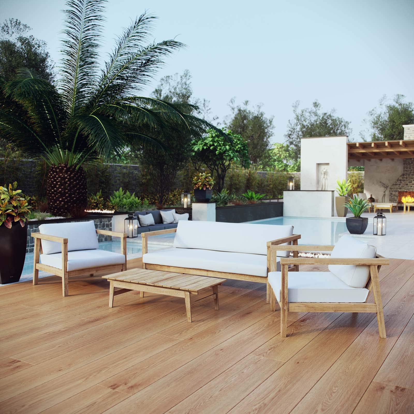 Modern Outdoor Patio Furniture Set - Wooden Lounge Chair, Sofa & Coffee Table in White Natural Finish for Balcony, Garden, Poolside & Backyard Relaxation