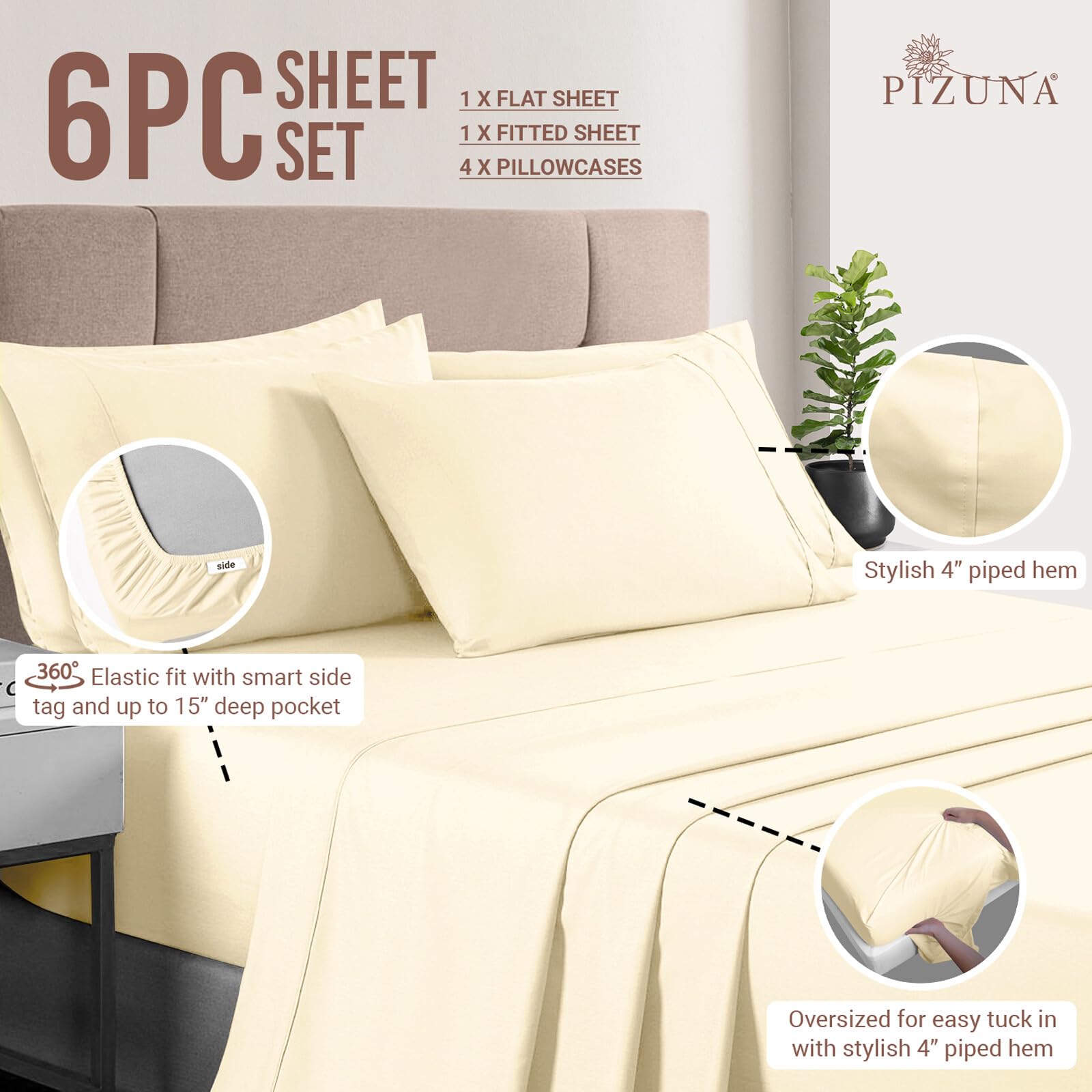 Premium 100% Cotton King Size Sheets - Ivory 400 Thread Count Long Staple Sateen Weave with 15
