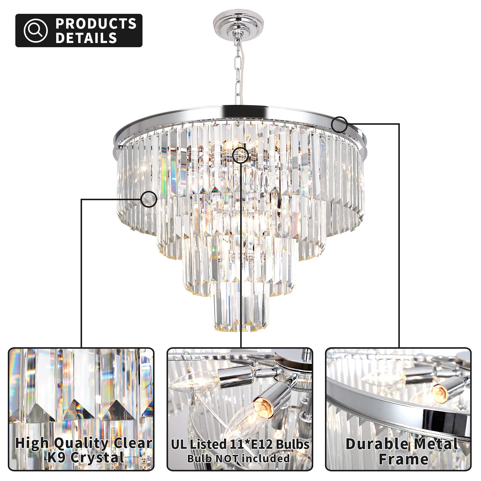 MarkDee Modern 11-Light Crystal Chandelier - 4-Tier Chrome Pendant Lighting Fixture for Dining Room & Living Room (23.62 Inch) | Elegant Ceiling Light for Home Decor, Wedding Venues & Luxury Interiors