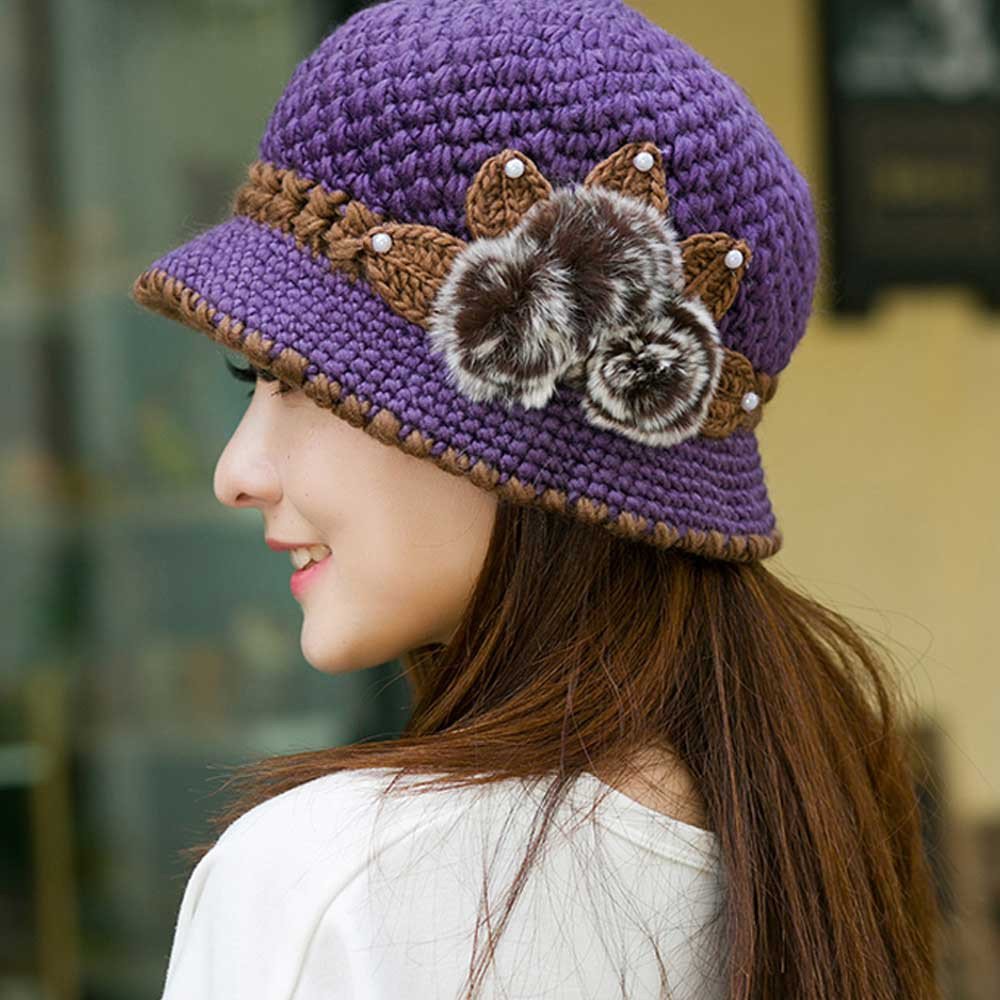 FIN86 Winter Knit Hat for Men & Women - Warm Crochet Beanie with Floral Ear Flaps - One Size Purple - Perfect for Cold Weather, Outdoor Activities & Fashion Accessories