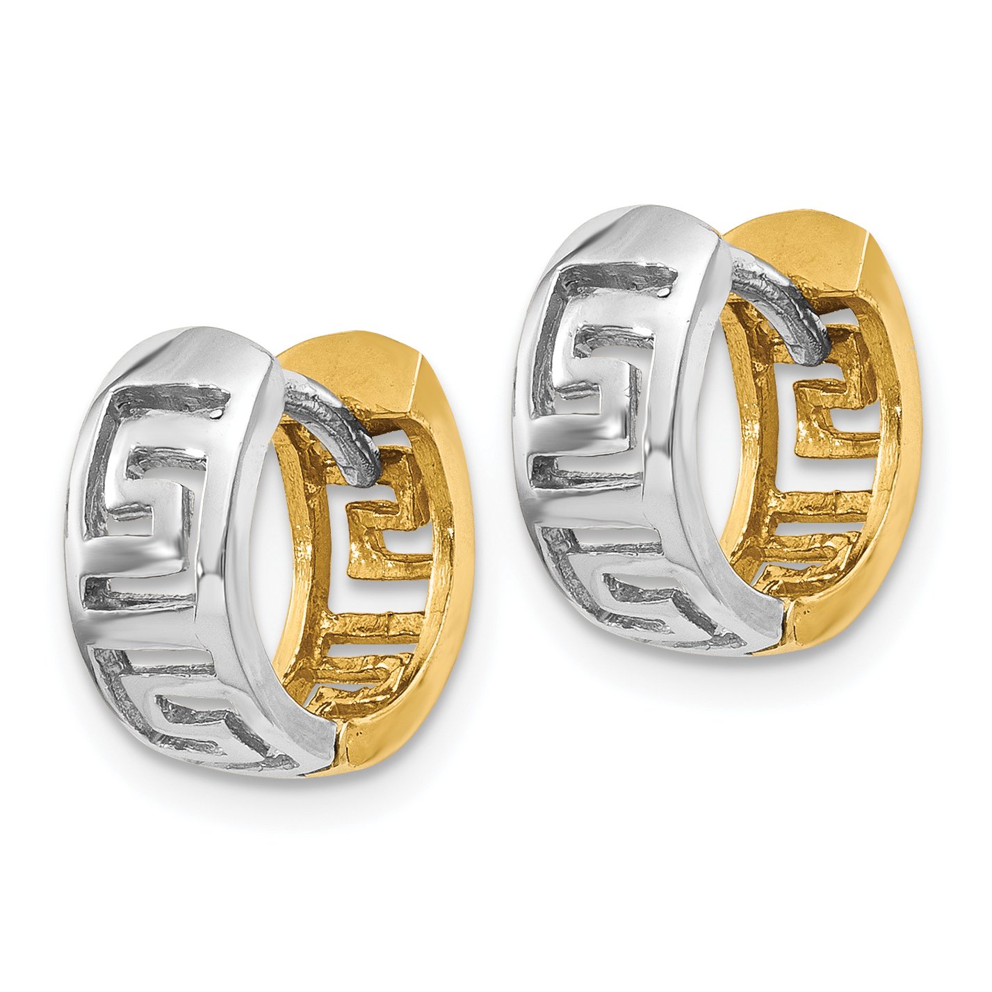 14K Solid Two Tone Gold Greek Key Hinged Round Huggie Small Mini Hoop Earrings for Women - Elegant Everyday Jewelry, Perfect for Work, Date Night & Special Occasions