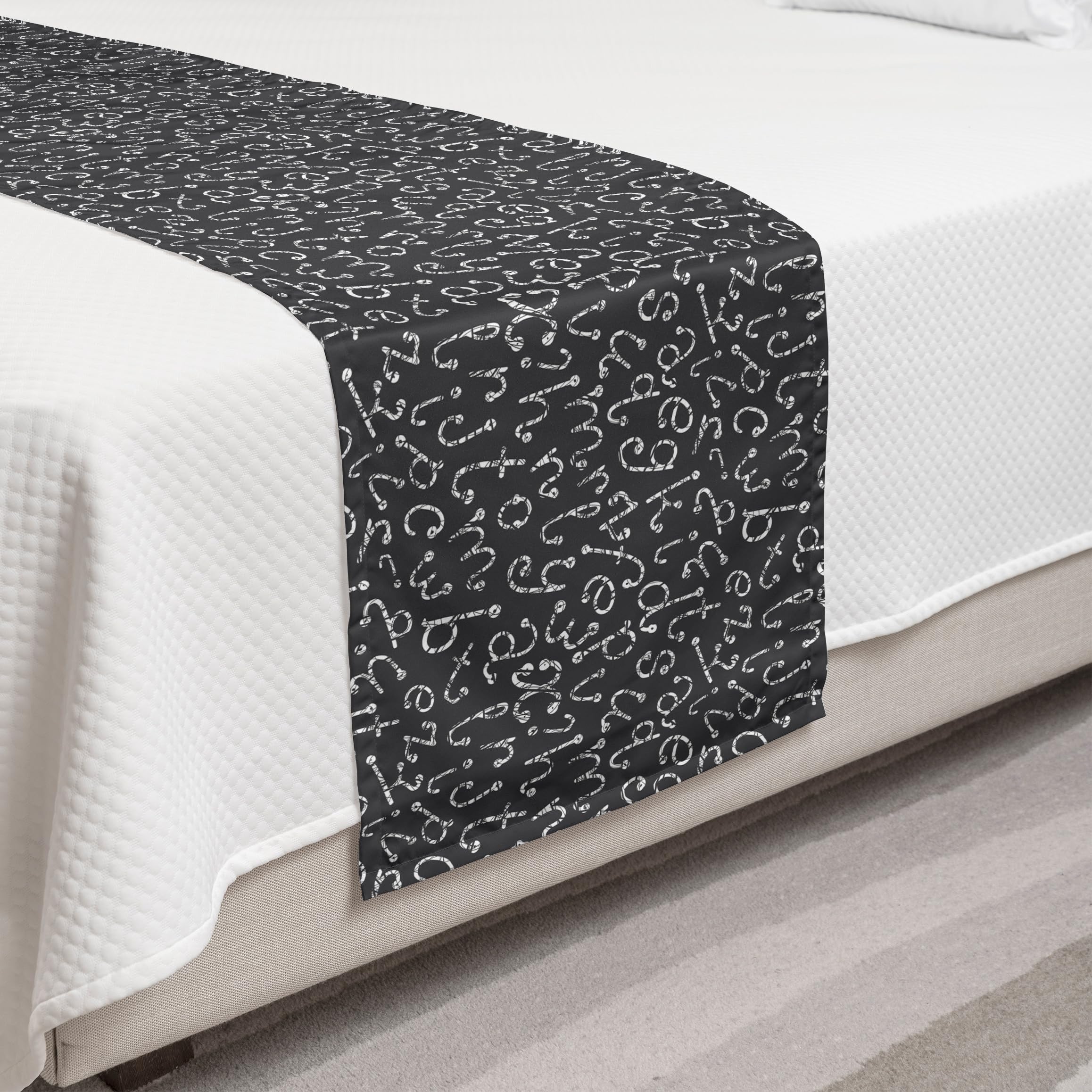 Ambesonne Alphabet Bed Runner - Grunge Lowercase Whimsical Letters Print Modern Design, Decorative Accent Bedding Scarf for Hotels, Homes & Guest Rooms in Dark Grey & White | Perfect for Bohemian Bedroom Decor, Wedding Guest Beds & Airbnb Styling