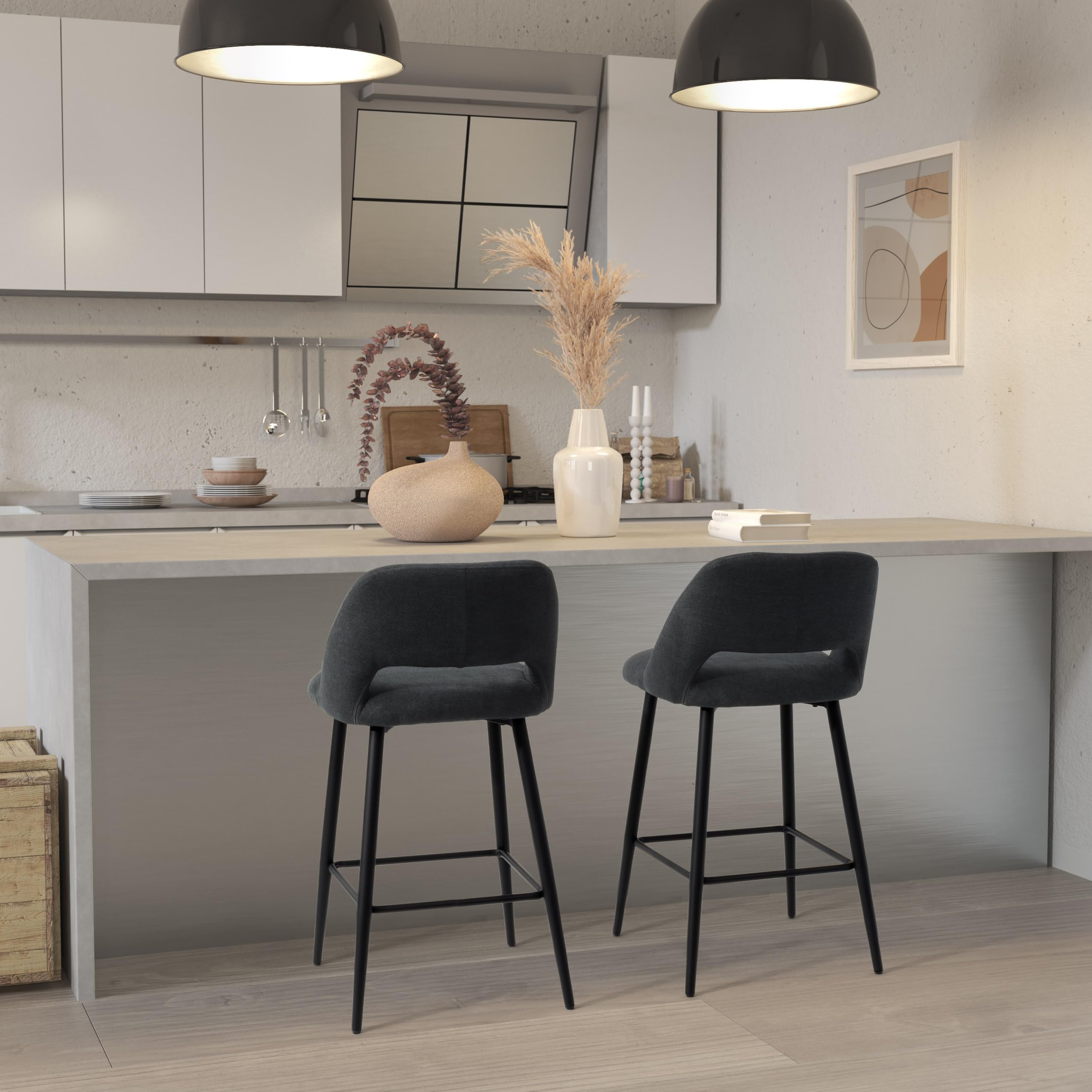 CorLiving Talia Black Velvet Modern Counter Height Bar Stools Set of 2 - Back Support Counter Chairs for Kitchen Island, Breakfast Bar & Dining Area - Stylish Barstools for Home Decor & Entertaining