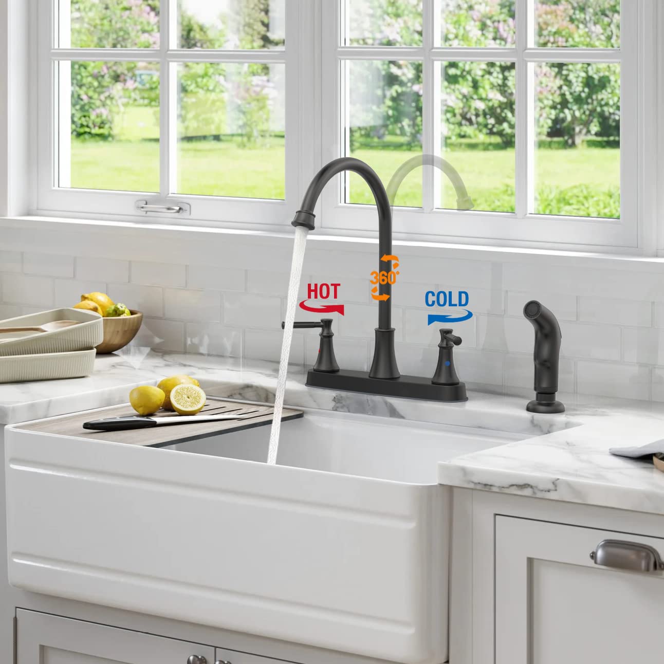 **Matte Black Kitchen Faucet with Side Sprayer - 2 Handle High Arc Stainless Steel Sink Faucet for RV, Camper, or Home Use - 8 Inch Centerset Faucet (3 or 4 Hole Installation) - Perfect for Small Spaces, Outdoor Kitchens & Mobile Living**
