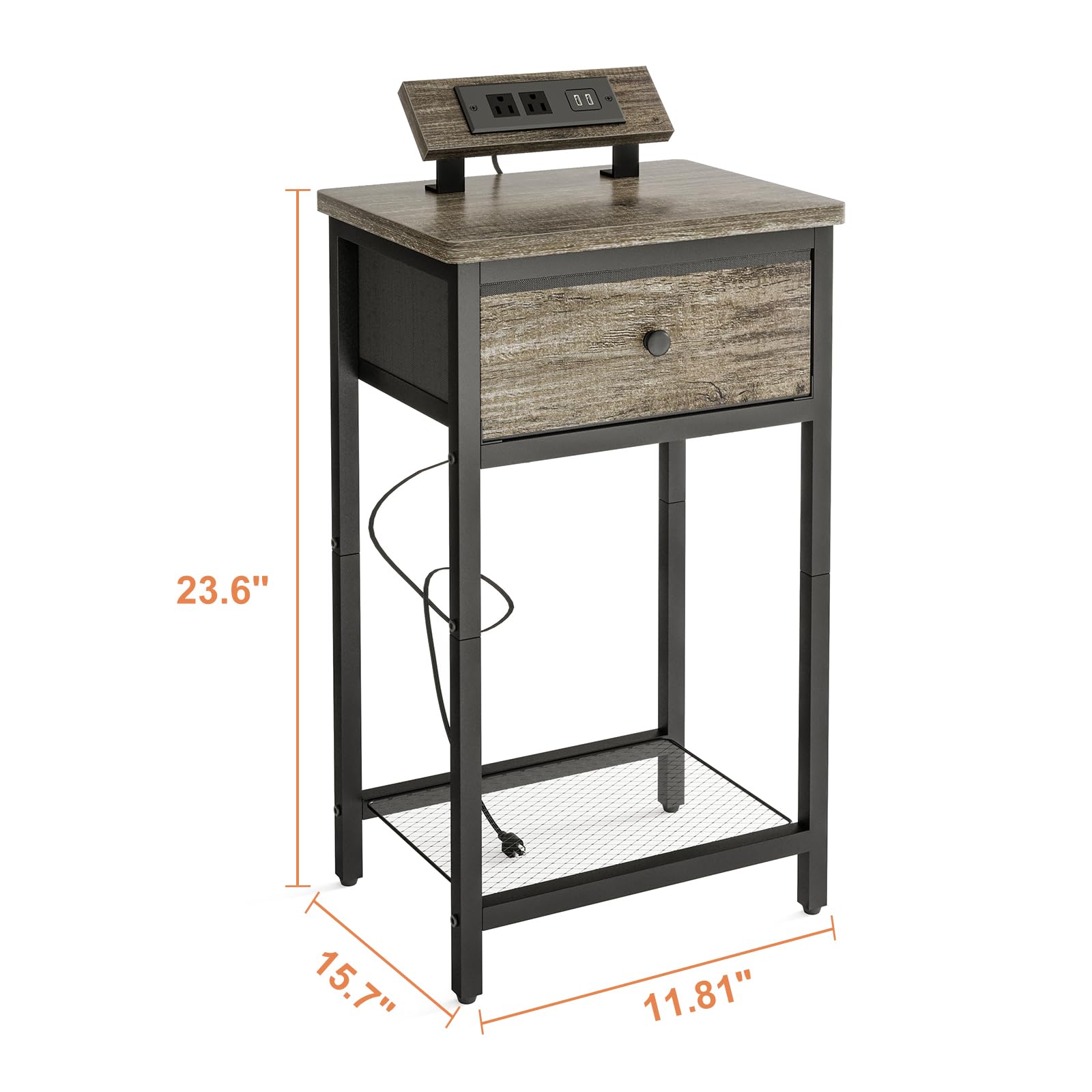 Fixwal Nightstands Set of 2 with Charging Station - USB Ports & Outlets, Bedside End Tables with Fabric Drawer for Bedroom, Living Room - Perfect for Charging Devices & Organizing Essentials (Greige)