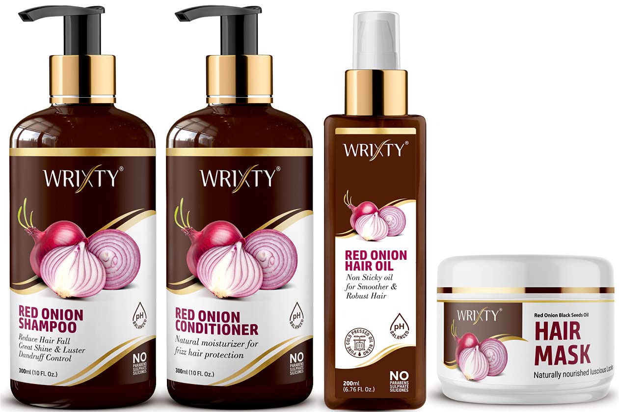 Wrixty Red Onion Hair Care Combo Kit - Shampoo (300ml), Conditioner (300ml), Hair Oil (200ml) & Hair Mask (200ml) for Hair Fall Control & Scalp Nourishment | Promotes Hair Growth & Reduces Breakage | Perfect for Daily Hair Care Routine & Damaged Hair Repair