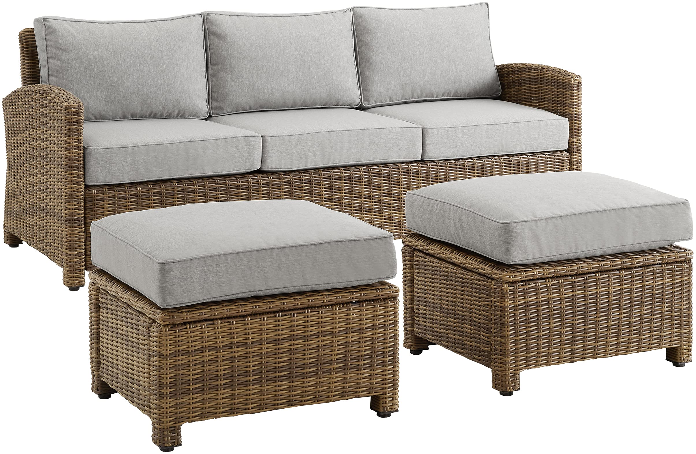 Crosley Bradenton 3-Piece Outdoor Wicker Sofa Set with Gray Cushions - Patio Furniture Conversation Set for Porch, Deck, Backyard & Garden Relaxation