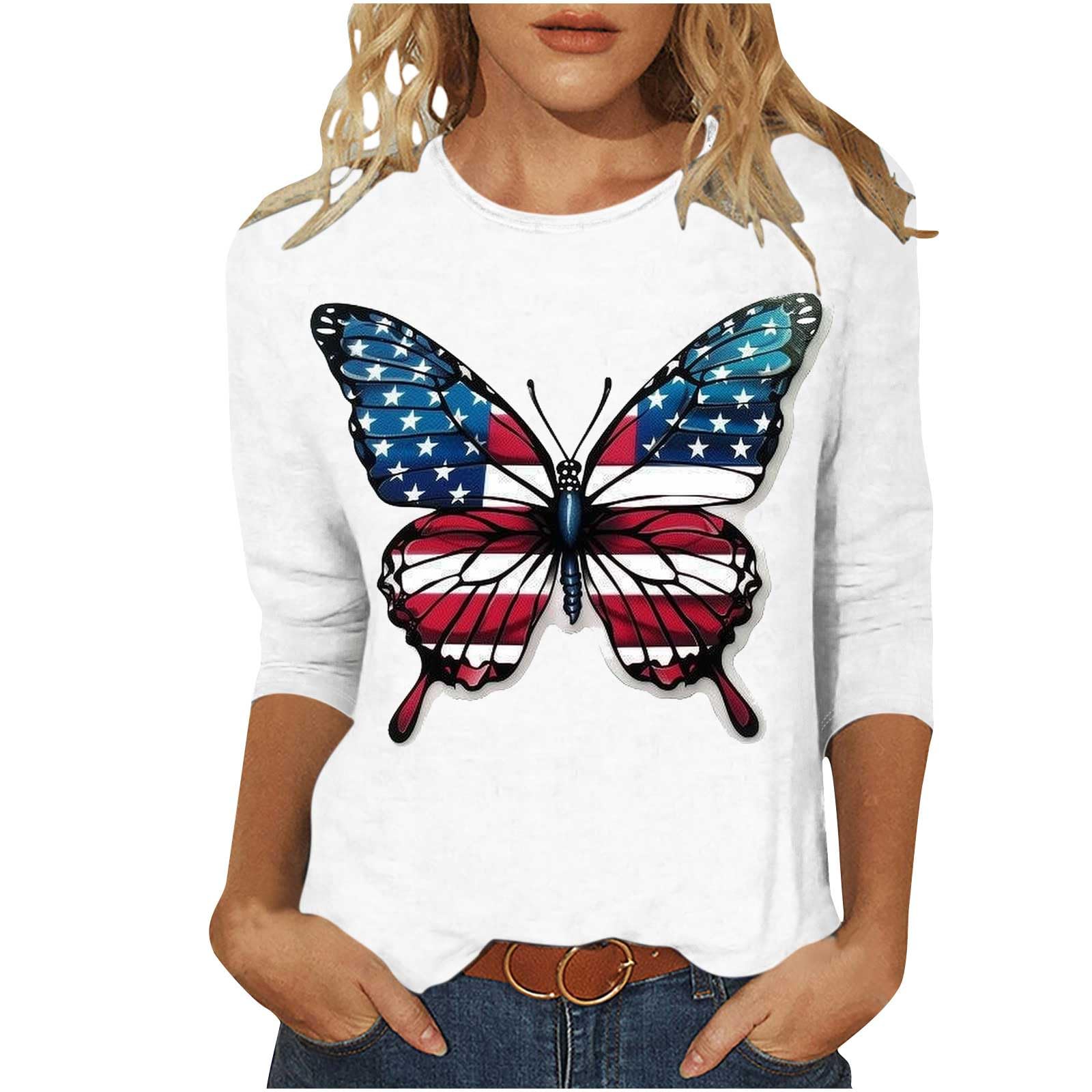 Patriotic 4th of July Outfits for Women - Red White & Blue 3/4 Sleeve Shirts - Summer Festival Clothes - Perfect for BBQ Parties, Fireworks Shows & Independence Day Celebrations