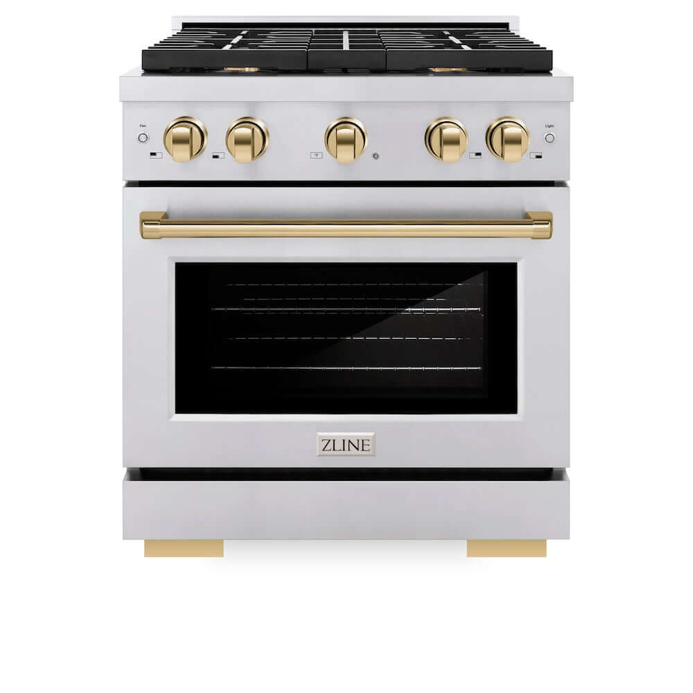 ZLINE Autograph Edition 30-inch 4.2 cu. ft. Dual Fuel Range - Stainless Steel Gas Cooktop with 4 Burners & Electric Convection Oven - Polished Gold Accents (SDRZ 30 G) - Perfect for Gourmet Kitchens & Modern Home Cooking