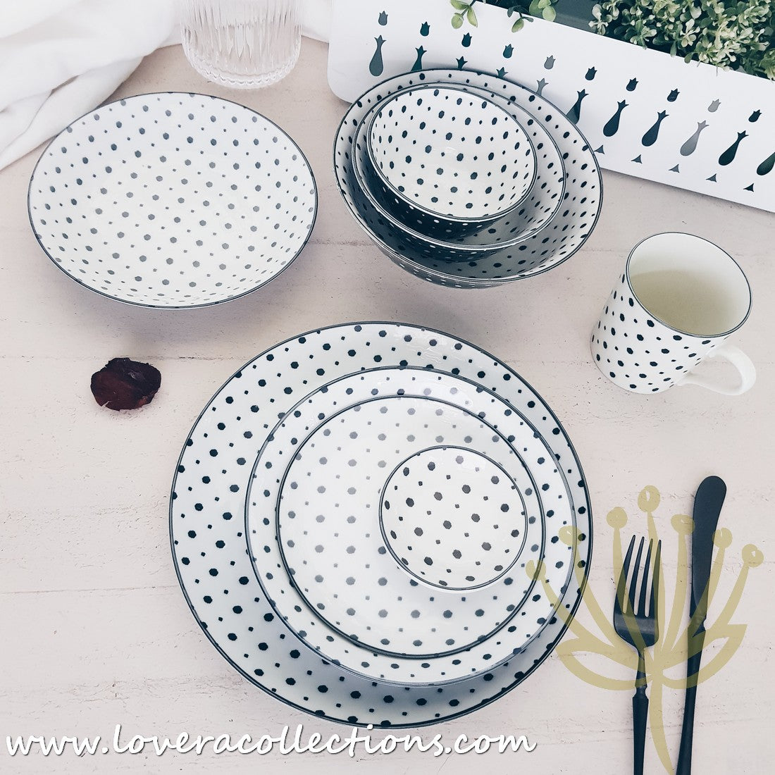 Awasaka Black & White Modern Dots Dinnerware Set - 12-Piece Porcelain Plates & Bowls for Stylish Dining - Perfect for Dinner Parties, Restaurant-Style Meals & Home Decor