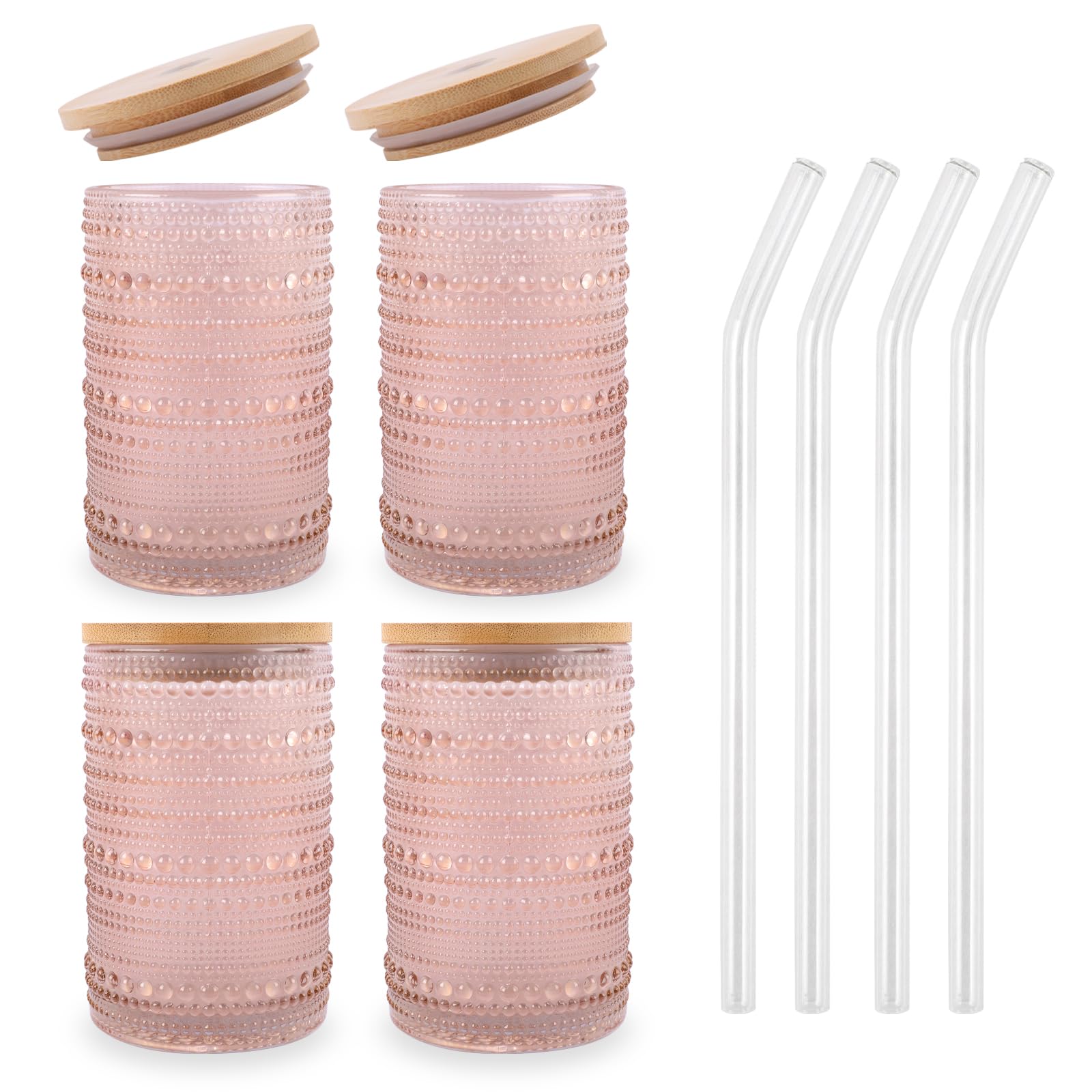 Vintage Drinking Glasses Set of 4 with Bamboo Lids - 16oz Textured Clear Striped Ribbed Glassware for Cocktails, Beer, Iced Coffee & Beverages - Old Fashioned Embossed Beaded Cups with Rose Gold Accents - Perfect for Home Bars, Parties & Gift Giving