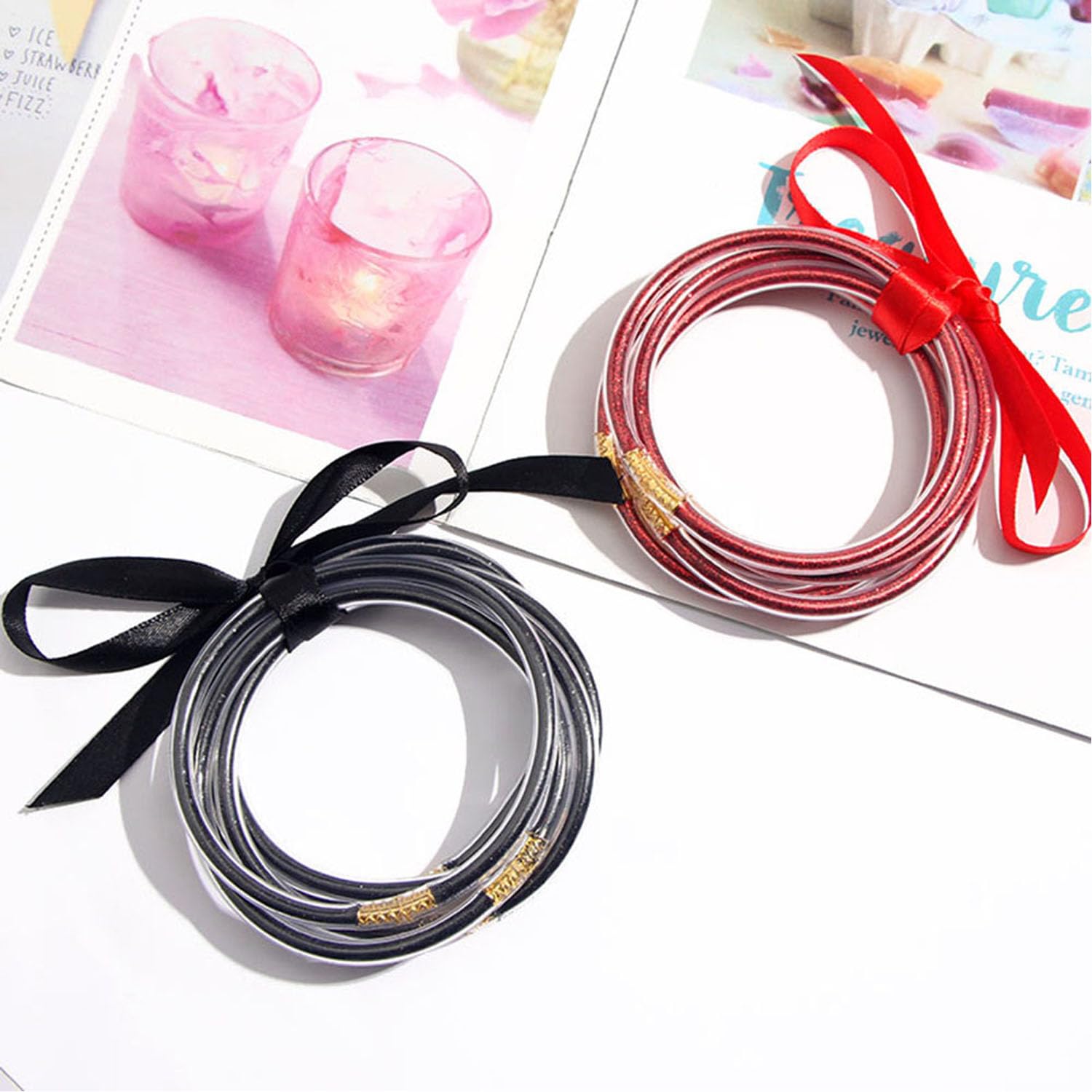 ATIMIGO Bowknot Jelly Bangle Bracelets Set - Lightweight Glitter Filled Silicone Stackable Bracelets for Women & Girls - Perfect for Parties, Gifts, and Everyday Wear