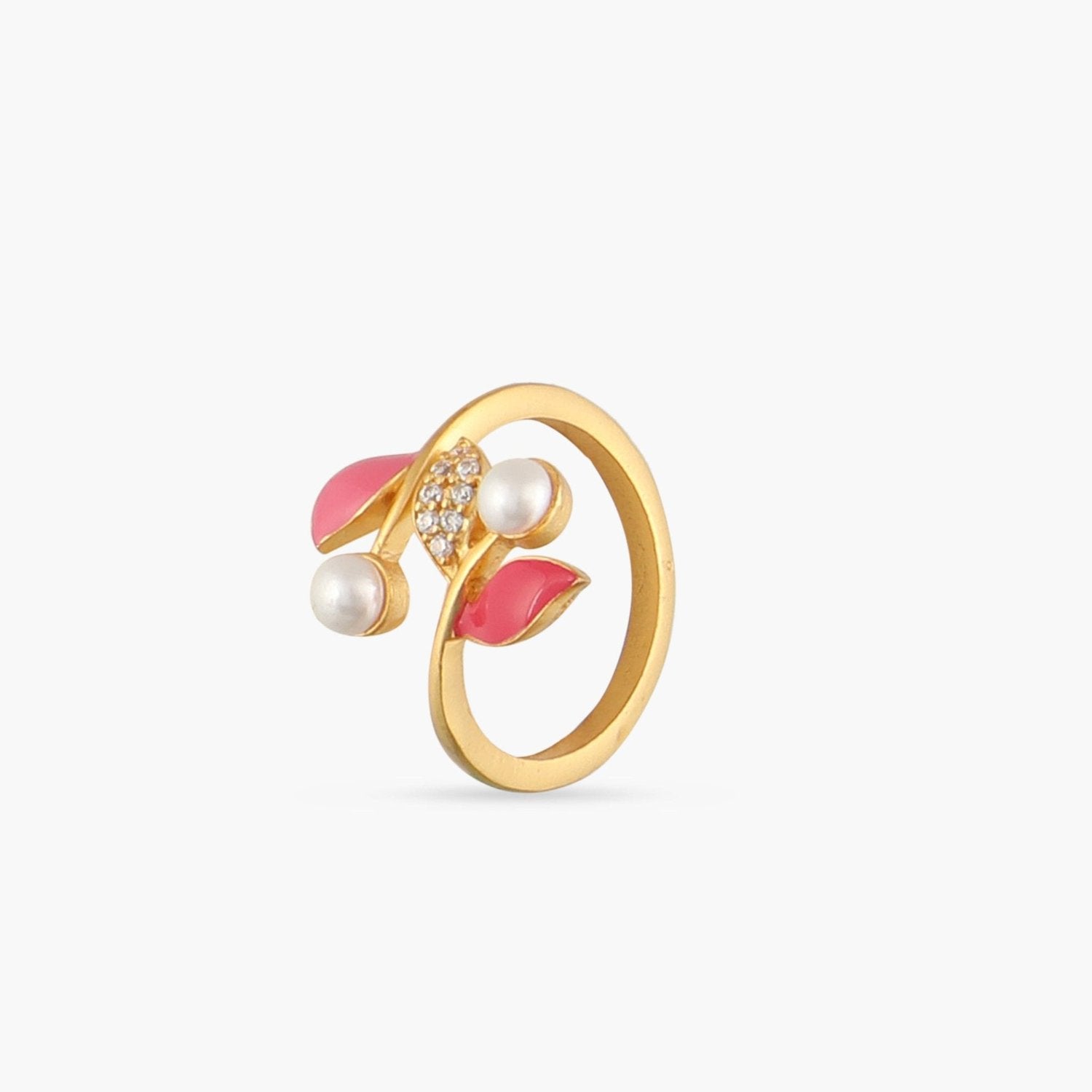 Elegant Eriha Pearl Statement Ring with CZ Pink Leaf Design - Perfect for Weddings, Parties & Special Occasions