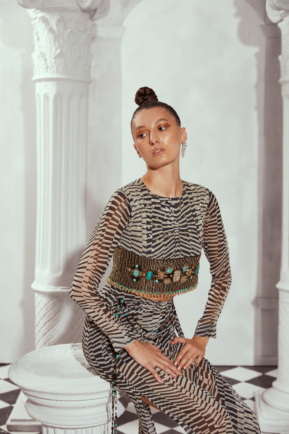 Black & White Byzantine Print Gold Jeweled Hand Embroidered Crop Top with Draped Skirt - Elegant Boho Chic Outfit for Women, Perfect for Parties, Weddings & Special Occasions