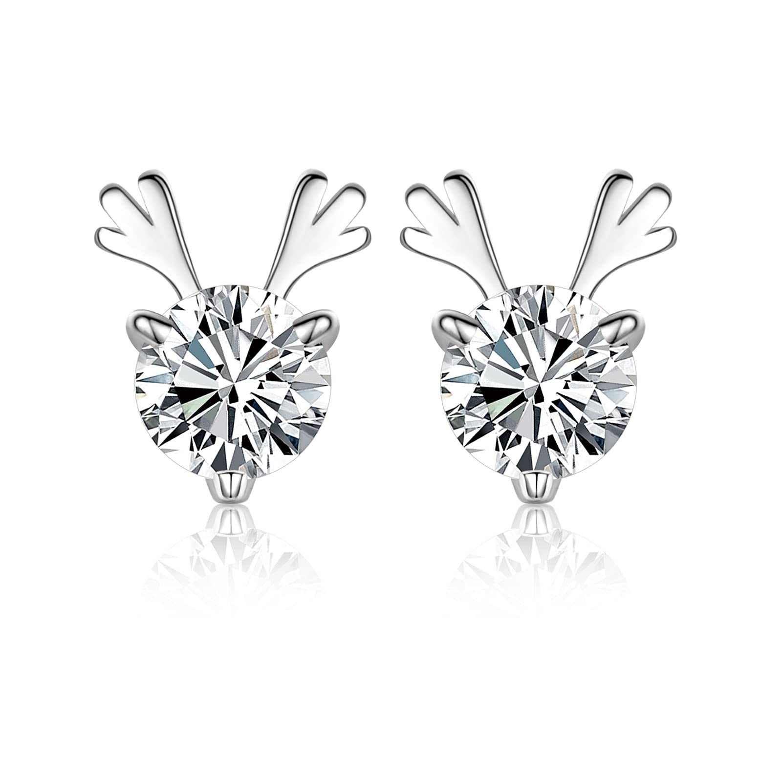 925 Sterling Silver Reindeer Earrings for Women - Hypoallergenic CZ Deer Antler Studs, Christmas & Birthday Gifts for Girls and Ladies - Perfect for Holiday Parties, Office Celebrations and Festive Outfits